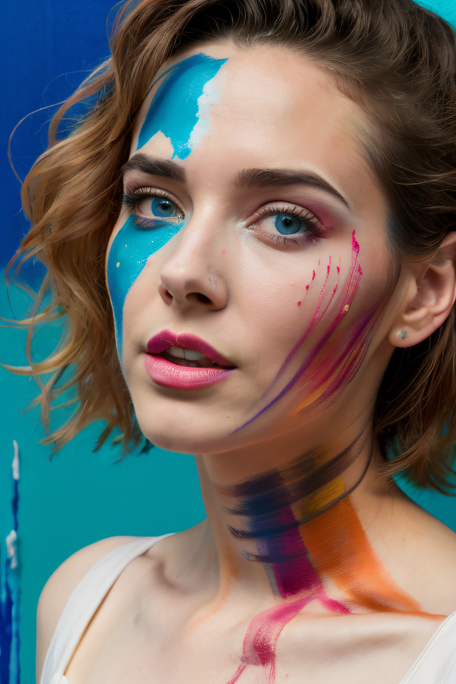 arafed woman with face paint and a blue background, color photograph portrait 4k, color portrait, vibrant colors hyper realism, unreal engine : : rave makeup, colorful hyperrealism, painted look, stylized make-up on face, creative colorfull - makeup, portrait shot, painted face, beauty retouch, hyperrealism artstyle, 8k artistic portrait photography