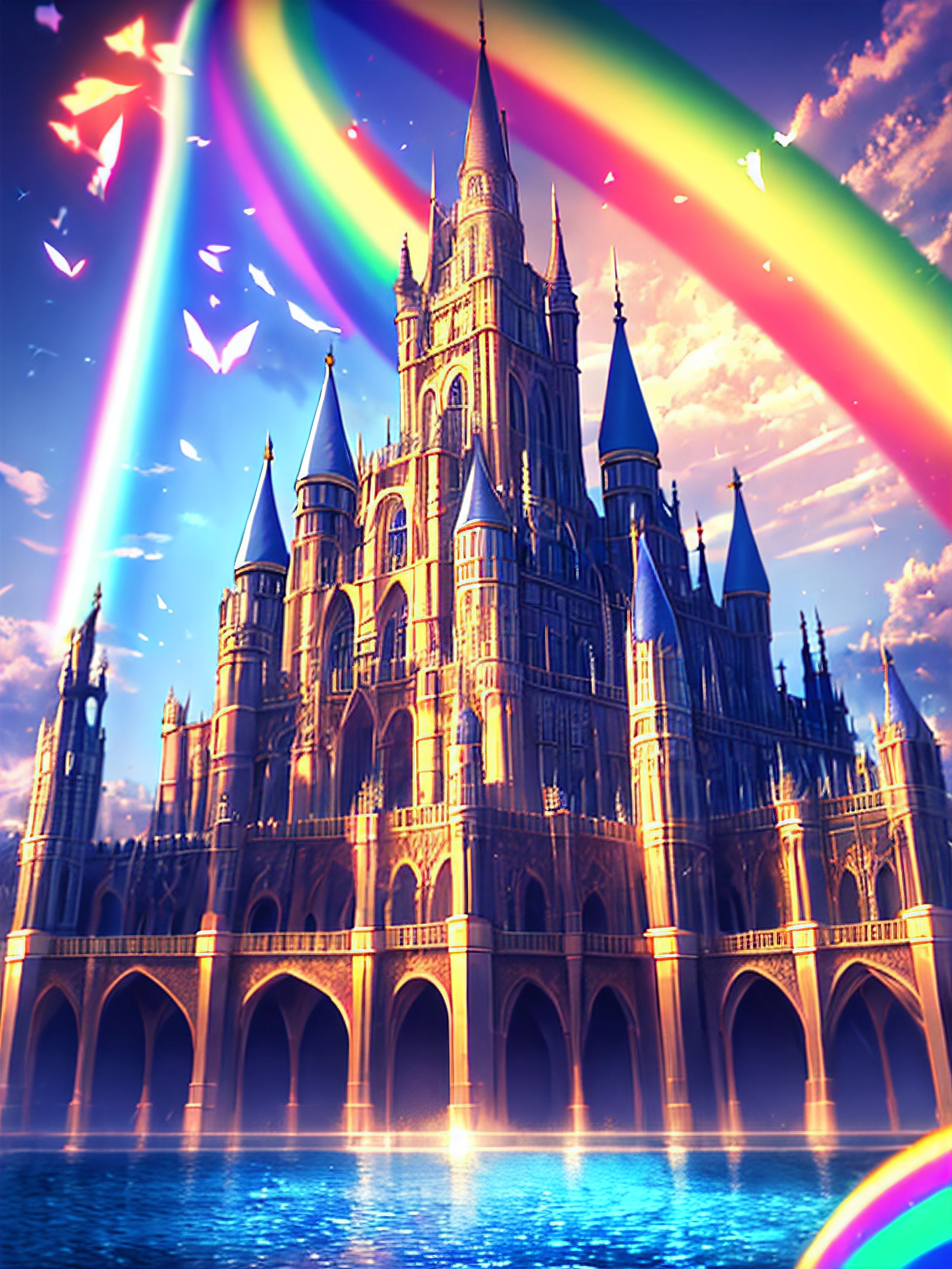 Big castle、busy、with light glowing、opulent、​masterpiece、Vivid、rainbows、Europe
