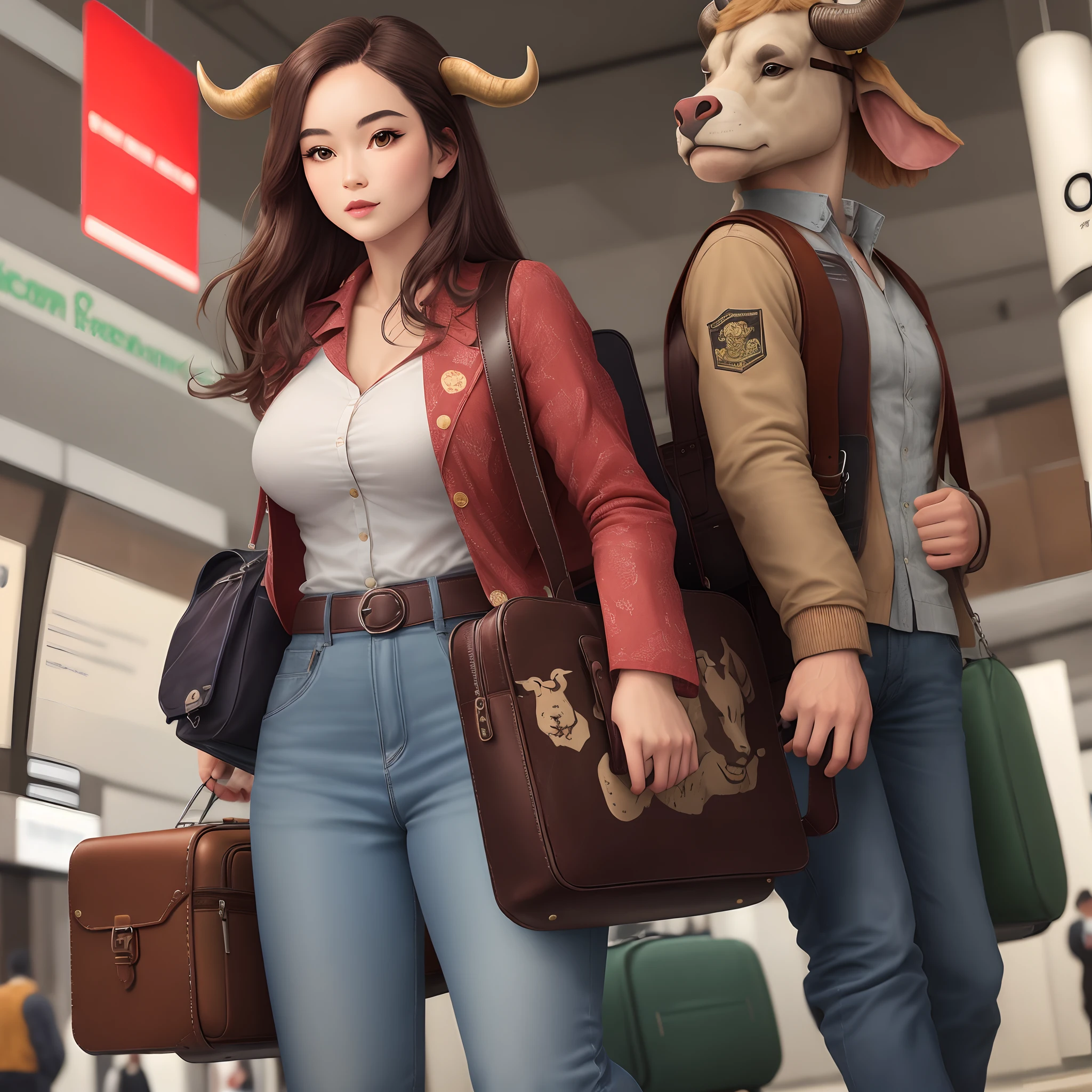 A travel bag,Leather,It has a bull's head print on it,Can be hand-held