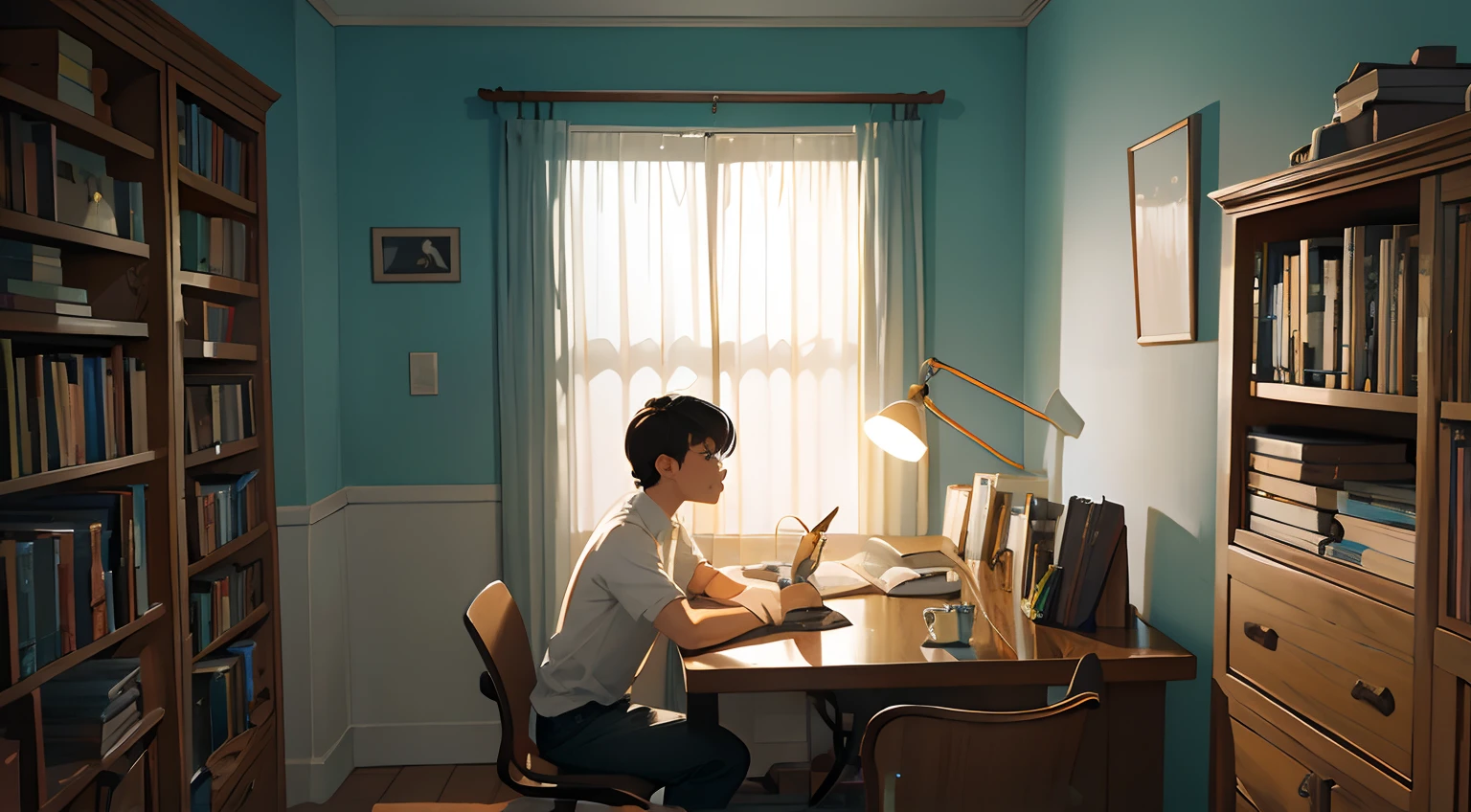 chico cara linda leyendo serio obra maestra libros apilados cielo nocturco mesa ordenada