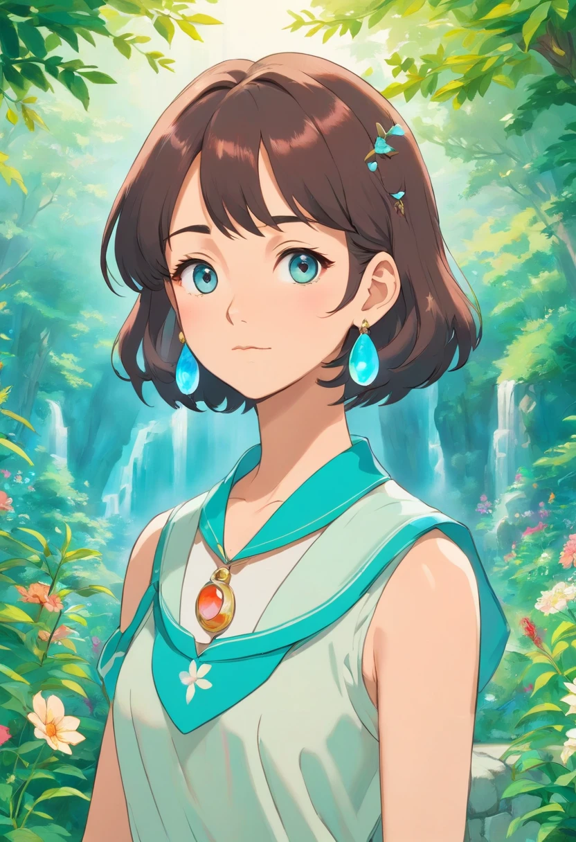 a girl wearing an anime collar, a long necklace and earrings, in the style of tranquil gardenscapes, colorful animation stills, masami teraoka, aquamarine, paul gauguin, Embry style, honest portrayal