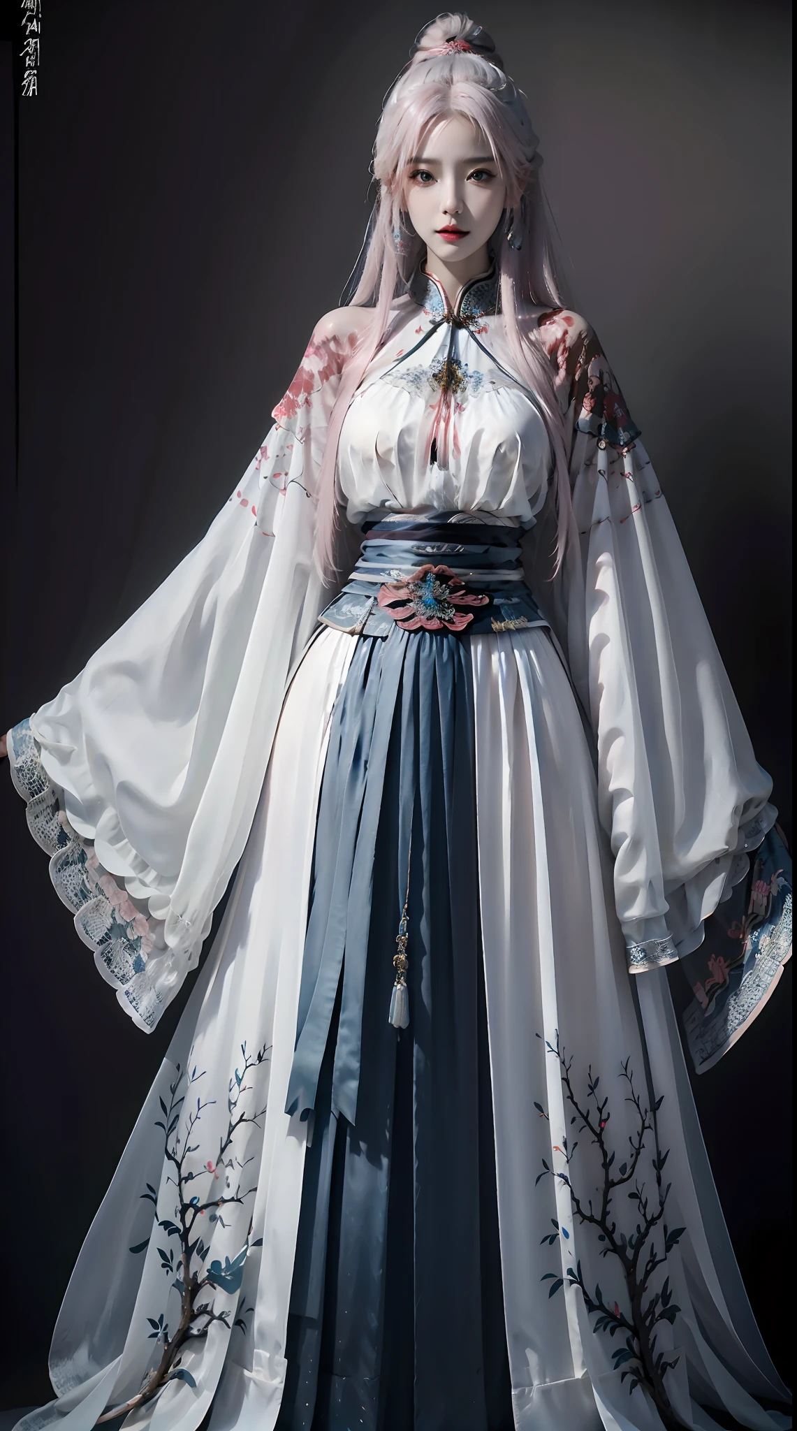 photorealistic, high resolution, 1women, shining skin, solo, hips up, tattoo, jewelry, pink lips, long white hair, blue eyes, closed mouth, hanfu