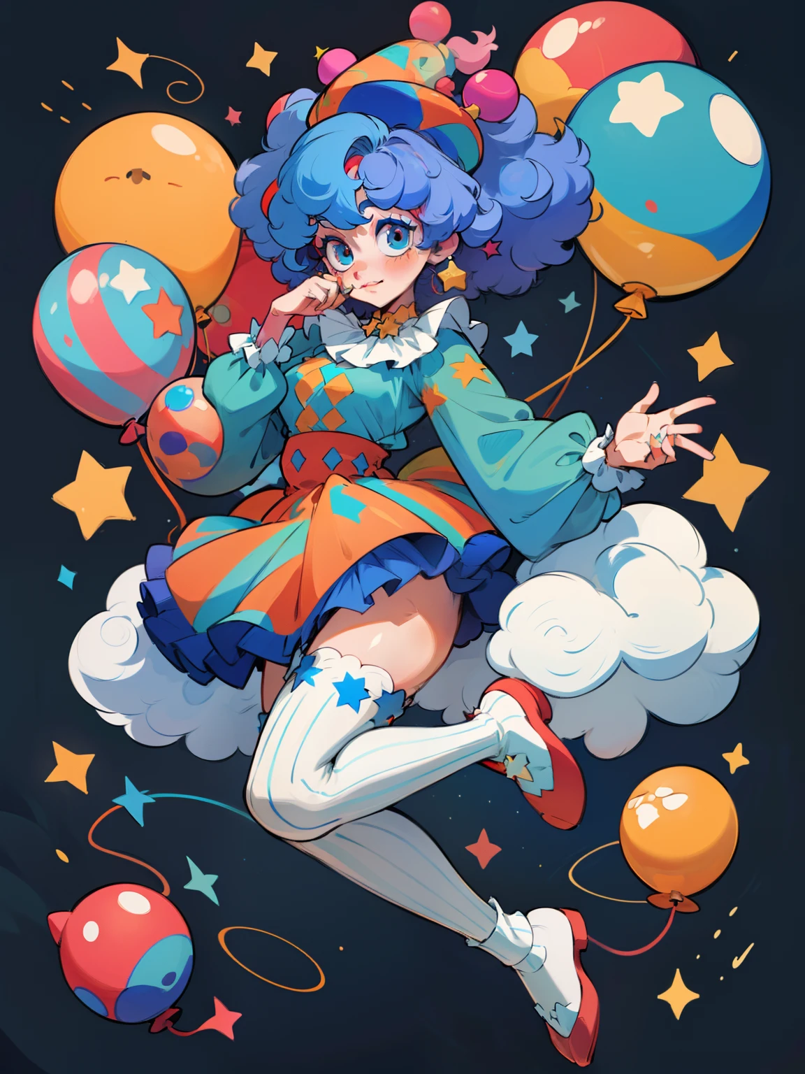 1GIRL, FULLBODY, CLOWN OUTFIT, CIRCUS ATTIRE, STARS, MULTICOLOR, FLUFFY HAIR, MAKEUP Character design sheet of a astronomical clown girl, finely detailed, (best quality), (intricate details), multicolored, ((long blue curly afro)), best quality, ((short puffy long sleeve clown dress)), ((clothes are blue and white star themed)) ((thigh high socks)), ((socks are blue and white mismatch)), ((round eyes)), wears a jester hat, beautiful face, cute face, full body, pinup, perfect face, holding enormous, oversized balloon. colorful balloon, simple background