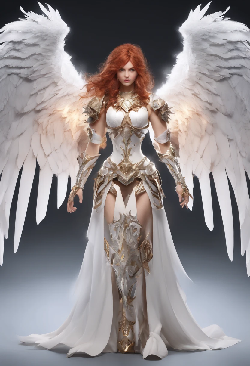 Photorealistic image ((Masterpiece)), ((high quality)) UHD 8K, of a beautiful, slim, hyper-realistic Caucasian woman, (medium chest), (skinny waist), (long wavy red hair), (eyes blues), (((Angel white mecha armor))), (((huge, very large mechanical wings))), intricate details, cinematic lighting
