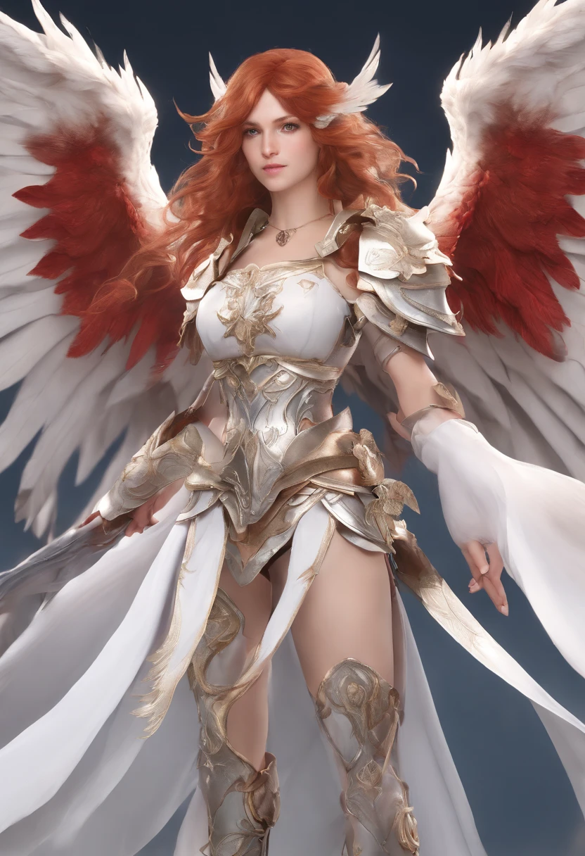 Photorealistic image ((Masterpiece)), ((high quality)) UHD 8K, of a beautiful, slim, hyper-realistic Caucasian woman, (medium chest), (skinny waist), (long wavy red hair), (eyes blues), (((Angel white mecha armor))), (((huge, very large mechanical wings))), intricate details, cinematic lighting