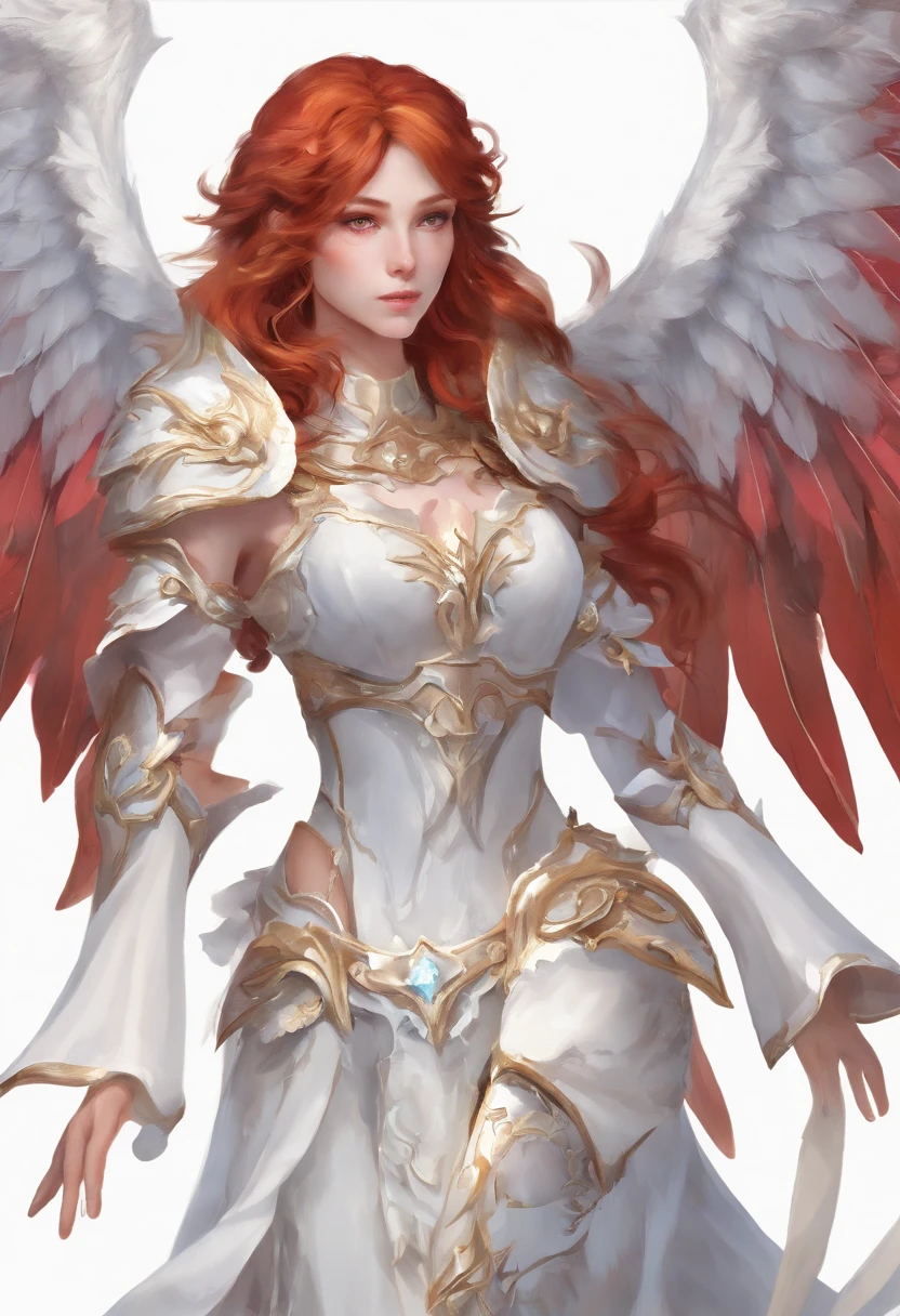 Photorealistic image ((Masterpiece)), ((high quality)) UHD 8K, of a beautiful, slim, hyper-realistic Caucasian woman, (medium chest), (skinny waist), (long wavy red hair), (eyes blues), (((Angel white mecha armor))), (((huge, very large mechanical wings))), intricate details, cinematic lighting