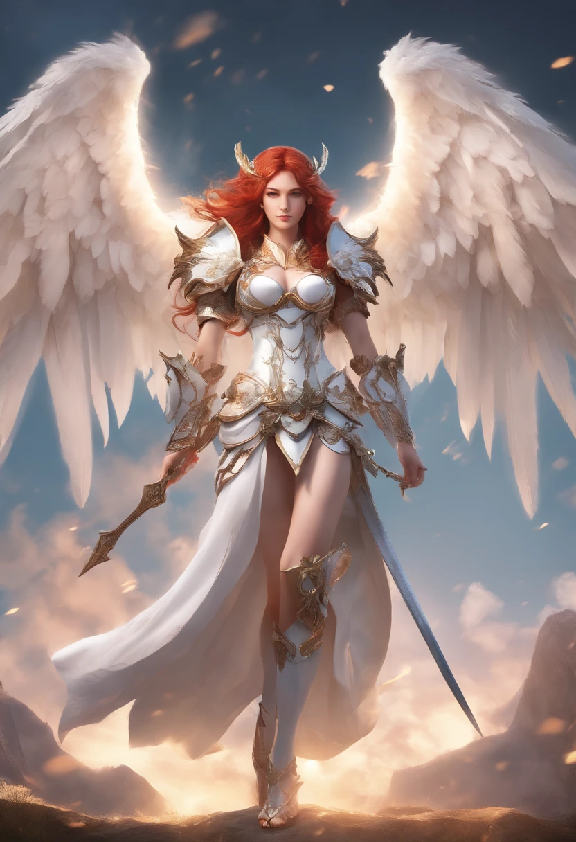 Photorealistic image ((Masterpiece)), ((high quality)) UHD 8K, of a beautiful, slim, hyper-realistic Caucasian woman, (medium chest), (skinny waist), (long wavy red hair), (eyes blues), (((Angel white mecha armor))), (((huge, very large mechanical wings))), intricate details, cinematic lighting