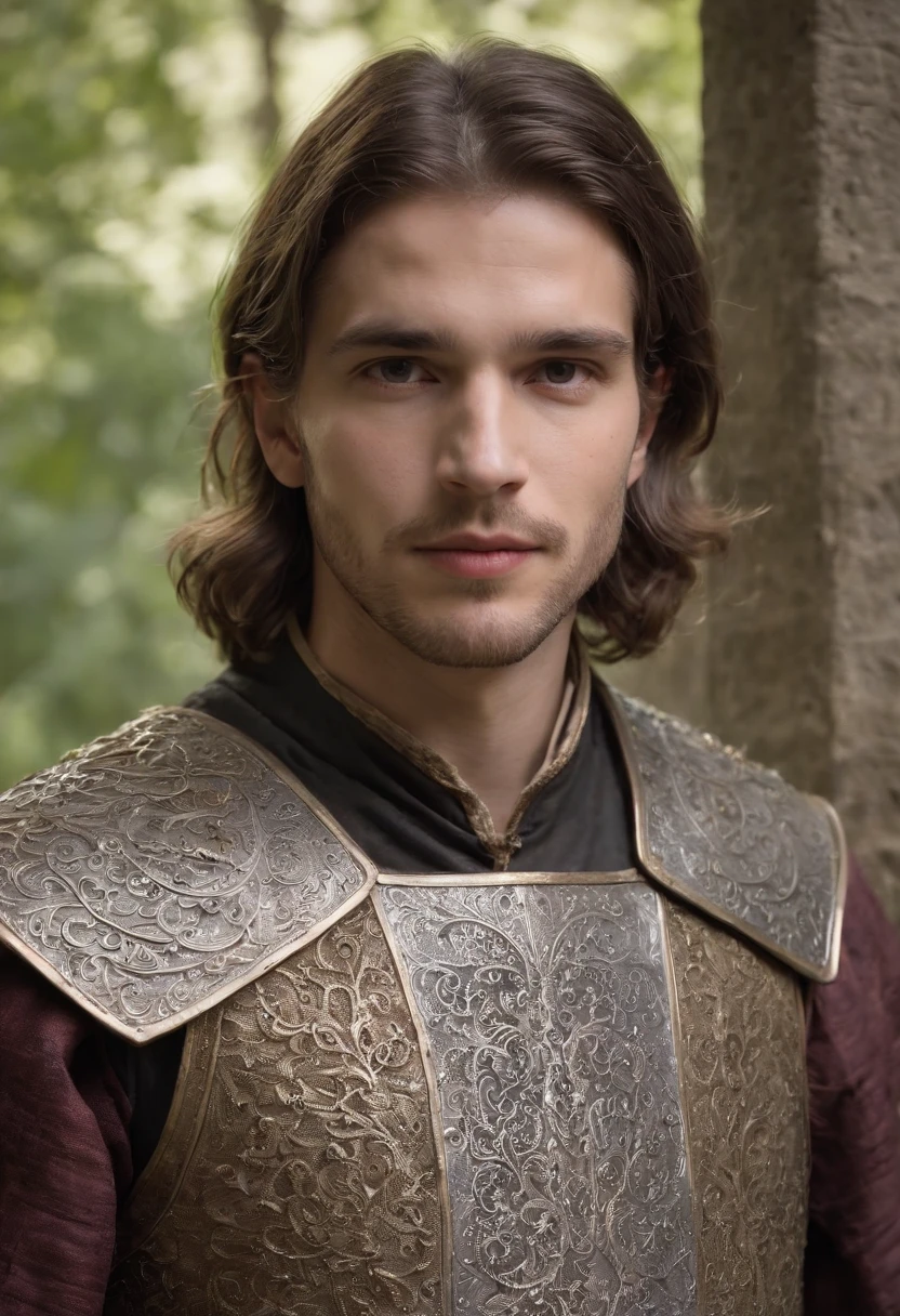 (((Natural light shines through its metallic iron shade))) tez justa, homem em torno de 23 anos, cabelos pretos naturais, olhos castanhos distintos, steel chain mail, serio, luz sobre as folhas das arvores da floresta em um ambiente medieval ao ar livre, Ultra sharp focus, tiro realista, roupas masculinas medievais, Mask similar to a shiny metallic iron face, cores tetradicas (cicatriz:1.4)