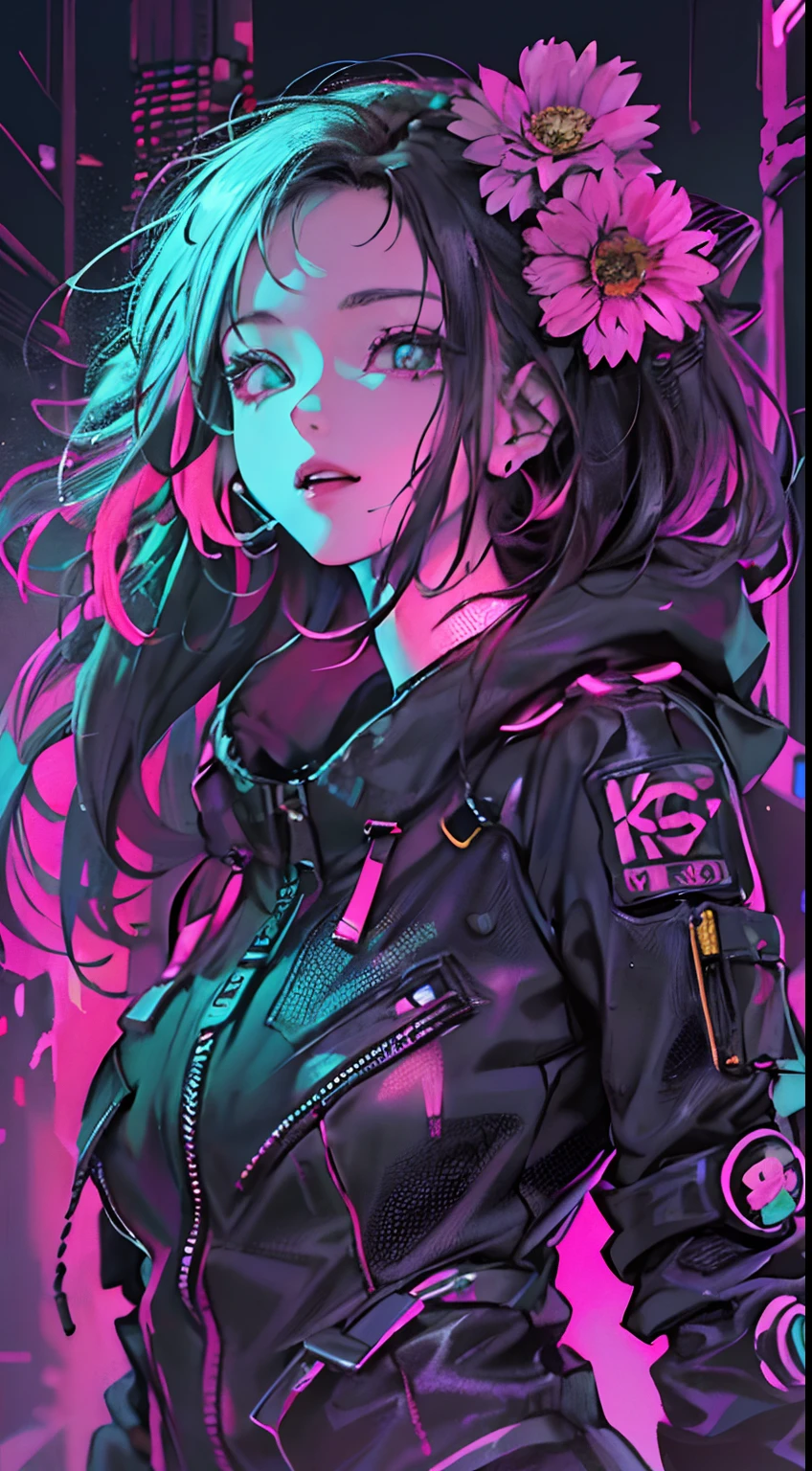 (1girl em)、(Beleza rechonchuda)、(peito enorme)、(30 anos)、(cabelo rosa muito longo)、(Qualidade de imagem superior)、(Qualidade de imagem 8K)、(cyberpunk)、(masutepiece)、 (Flickering of light)、(Use um uniforme militar com capuz cyberpunk brilhante)、(sorriso confiante:1.2)、(um tapa-olho)、(foto de corpo inteiro)、(Flowers that glow with excess turbulence々:1.5)、cinematiclight, Sombra do Cinema, sharped image, extremamente detalhado, volumetric, Sprites brilhantes, particle effect, belos efeitos, vivid colors, Neons, (Neon light:1.5), Texturas de imagem altamente detalhadas, Detailed hairs, Rosto detalhado, Olhos detalhados, foto de corpo inteiro, cidade、Cabelos escuros、olhos brilham、Aura vermelha cintilante、Foto do joelho para cima、belos efeitos, vivid colors, Texturas de imagem altamente detalhadas, Detailed hairs, Olhos detalhados,(Paisagem urbana cyberpunk:1.5)black pant,cropped