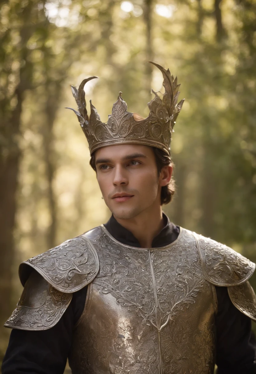 (((Natural light shines through its metallic iron shade))) tez justa, homem em torno de 23 anos, cabelos pretos naturais, olhos castanhos distintos, cota de malha feita de correntes, serio, luz sobre as folhas das arvores da floresta em um ambiente medieval ao ar livre, Ultra sharp focus, tiro realista, roupas masculinas medievais, Mask similar to a shiny metallic iron face, cores tetradicas (cicatriz:1.4)