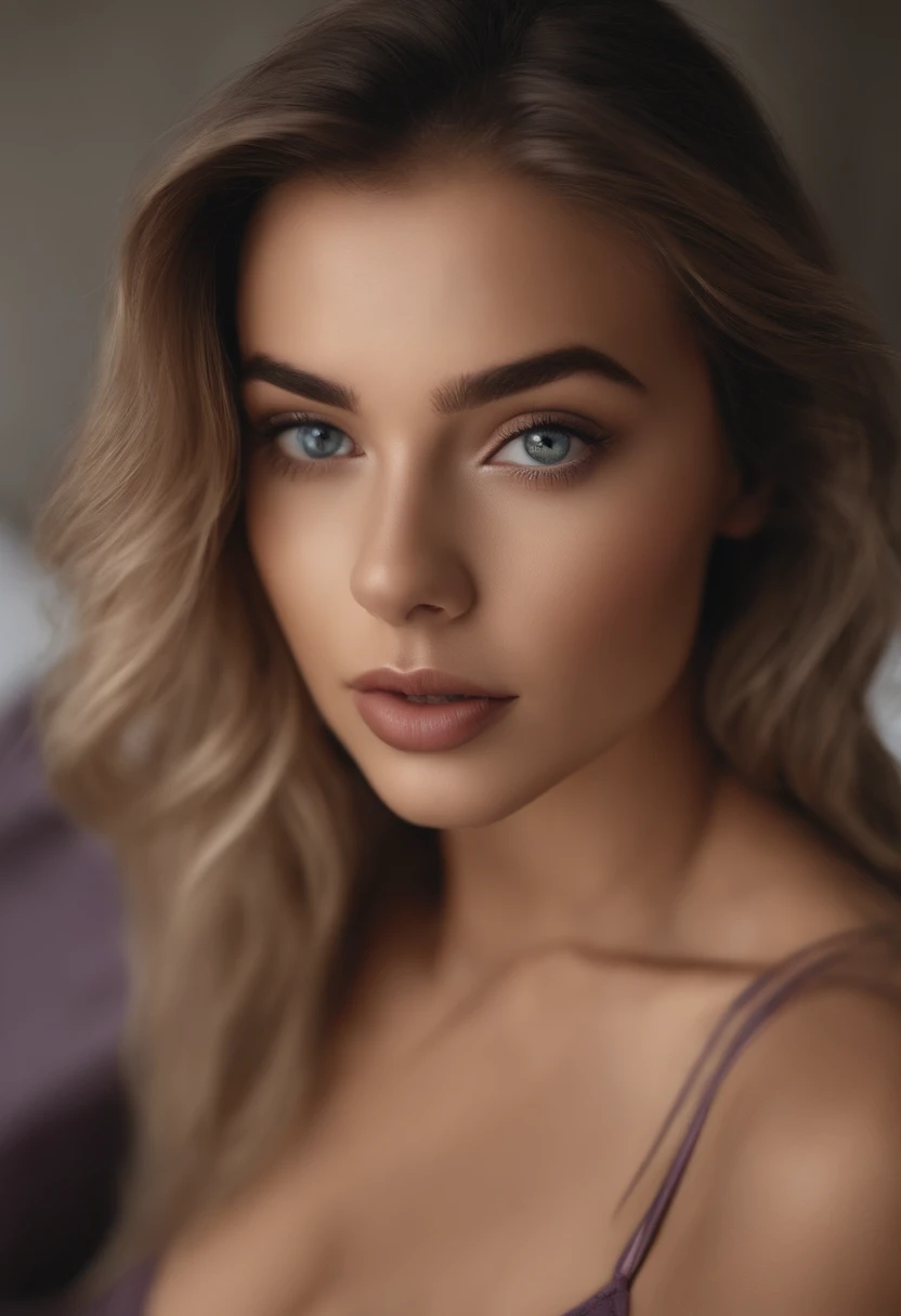 Arafed woman completely , fille sexy aux yeux bleus, ultra realist, Meticulously detailed, Portrait Sophie Mudd, cheveux blonds et grands yeux, selfie of a young woman, Yeux de chambre, Violet Myers, sans maquillage, maquillage naturel, looking straight at camera, Visage avec Artgram, Maquillage subtil, Great photo of the whole body kneeling on the bed, dans la chambre, Medium to large bust