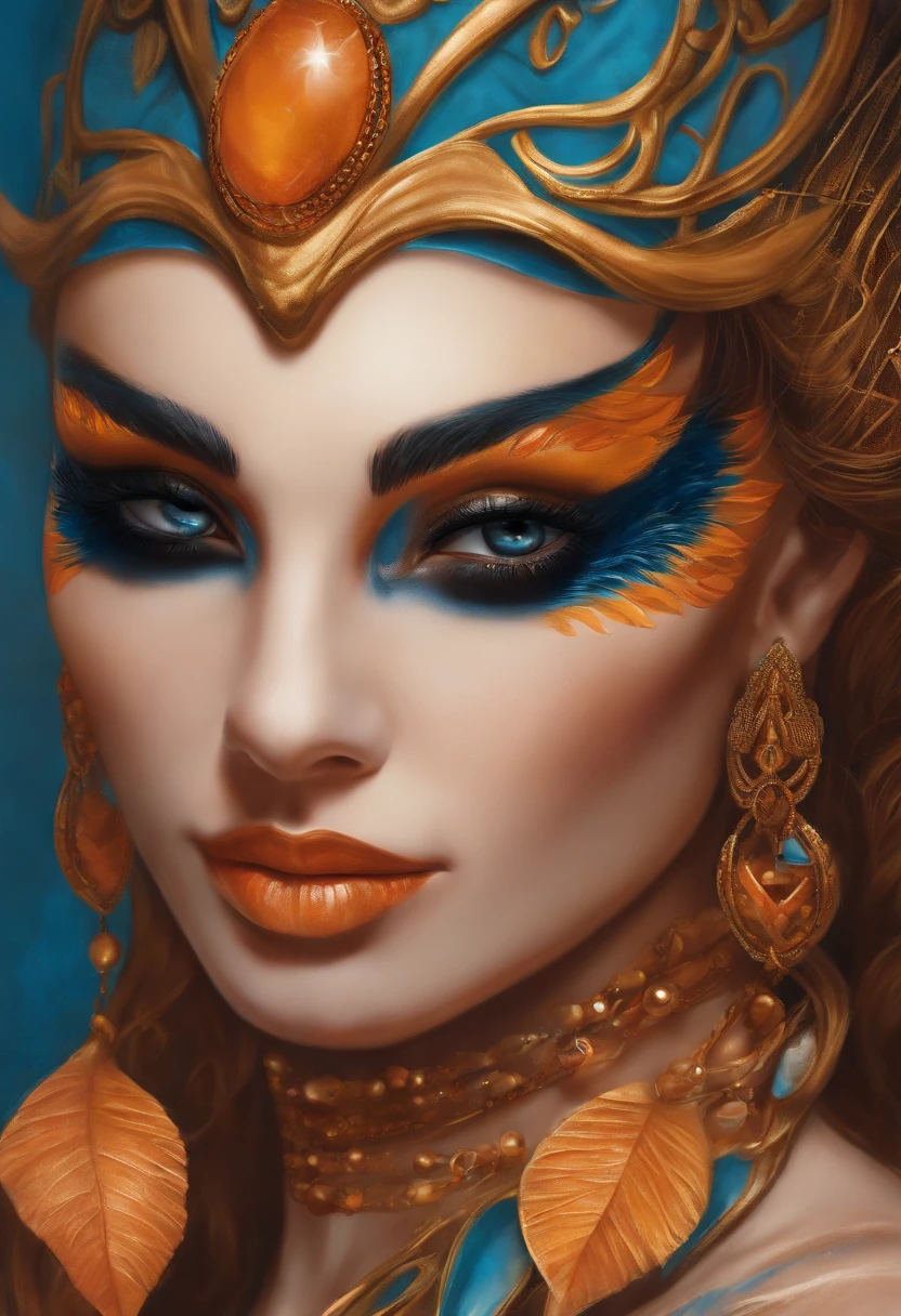 (((Obra maestra))), (((La mejor calidad: 1.4))), ((Super detail: 1.4)) , pintura gouache hiper detallada de una mujer Tiefling, Magnificent exotic features, Amber neon eyes:1.5, cabello naranja, Hyper-detailed facial features, Rostro expresivo, Texturas detalladas, tono de piel azul, Tatuajes, Sombreador natural de la piel, volumetrics, warm undertones under your skin, ultrahigh resolution