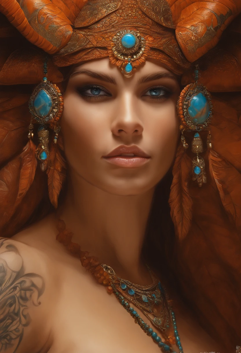(((Obra maestra))), (((La mejor calidad: 1.4))), ((Super detail: 1.4)) , pintura gouache hiper detallada de una mujer Tiefling, Magnificent exotic features, Amber neon eyes:1.5, cabello naranja, Hyper-detailed facial features, Rostro expresivo, Texturas detalladas, tono de piel azul, Tatuajes, Sombreador natural de la piel, volumetrics, warm undertones under your skin, ultrahigh resolution