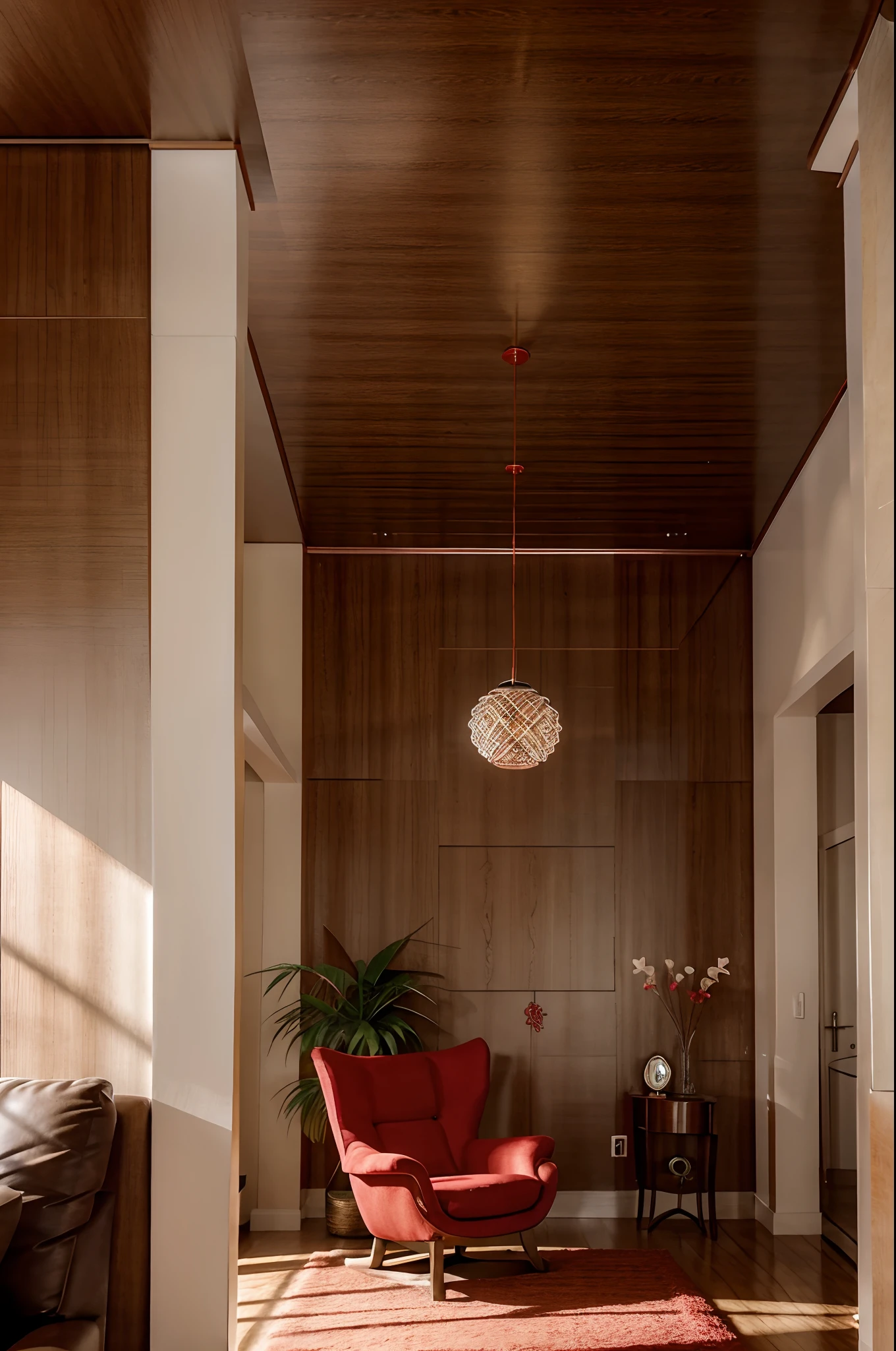 Uma poltrona vermelha em uma sala vazia com as paredes brancas e uma planta decorativa bem delicada e discreta, The ceiling of the room is very high and the lighting is very bright, In the living room there is a red lamp next to the armchair