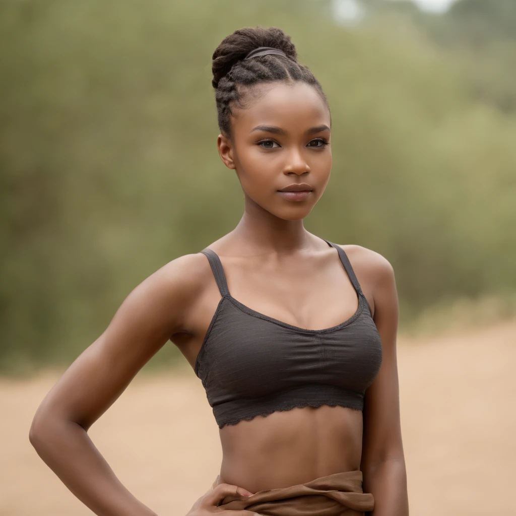 best quality, high detail, (detailed face), detailed eyes,((best quality, masterpiece)), ((2 caramel skinned African girl)), bra, (arms at side:1.2), groin,big hip bones, ponytail, black hair, (((underboob))), standing, outdoors, facing side ways