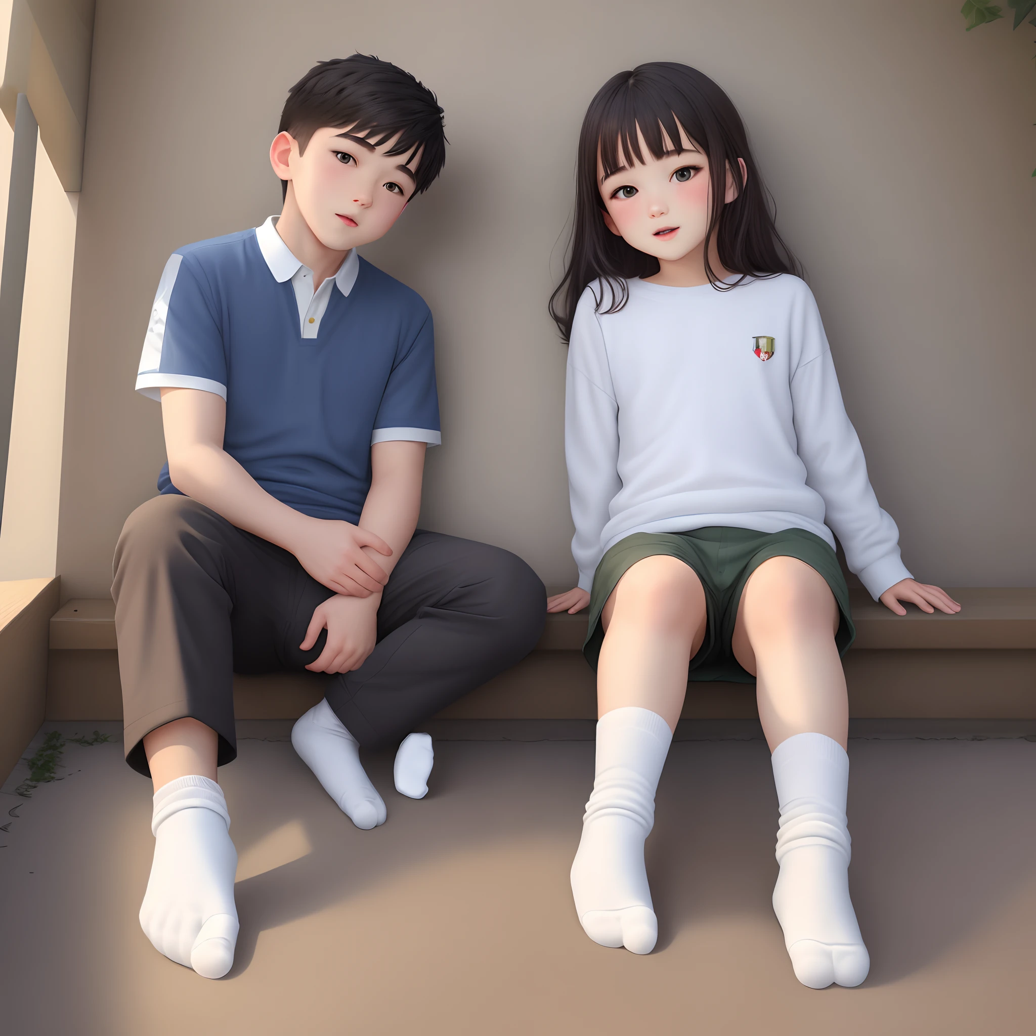 Girl's foot in white socks is placed on boy's crotch