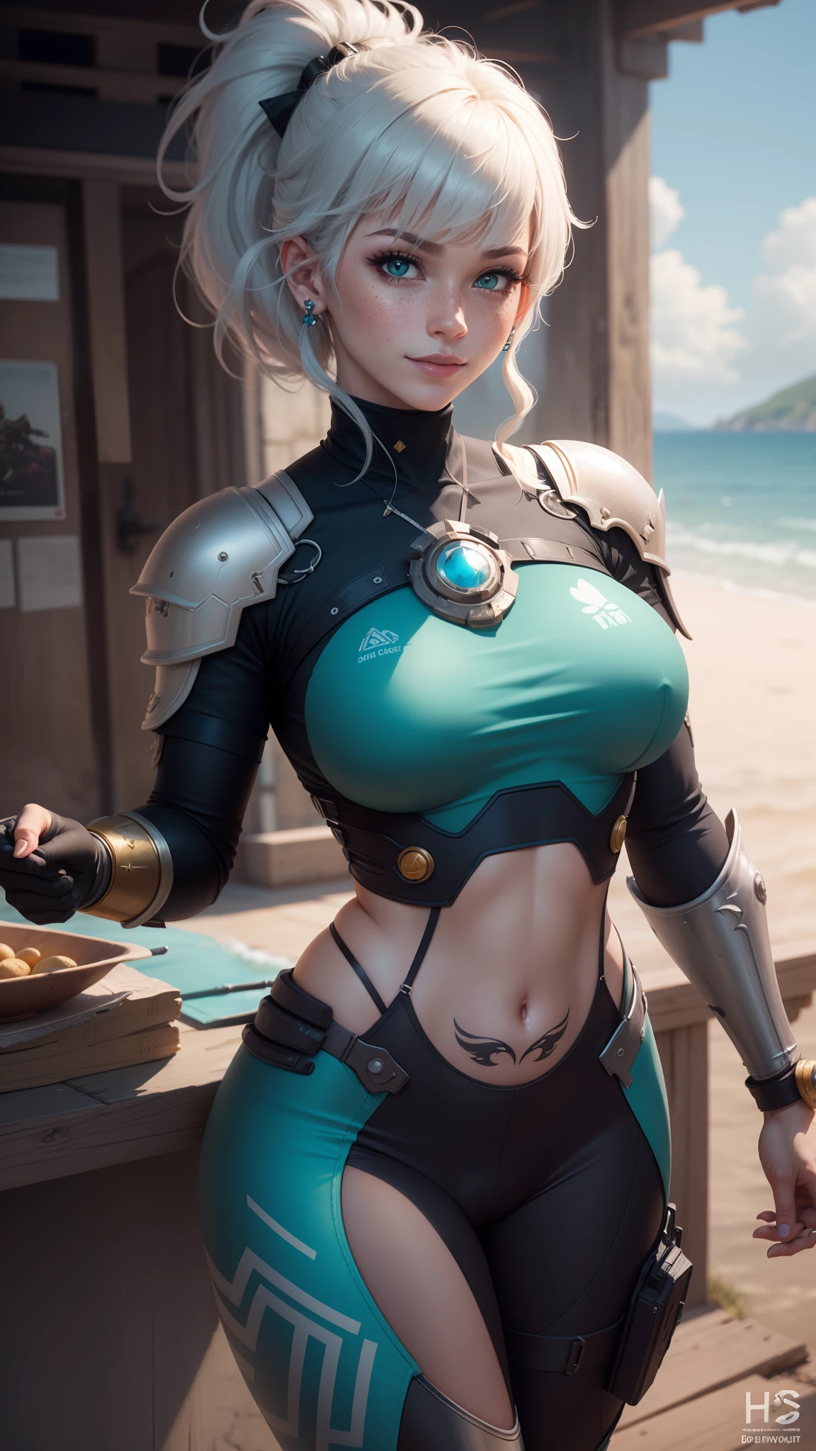 gwen tennyson,y'shtola rhul,tracer,yorha 2b,1girl,atelier ryza,overwatch,close up, mecha pilot,ocean view,tattoos,sky blue and silver plugsuit,aqua short sleeve lycra top,steel cargo pants,uncovered belly,short saiyan ponytail hair,cute makeup,green eyes,dimensional golden hair,shy smile, freckles,beautiful girl,large breasts,8k,ultra detailed,realistic,fantasy art,saiyan armor,cyborg armor,steel armor,harbor shore,military uniform,ear piercings,hair pin,super saiyan girl,saiyan female,portrait close up,