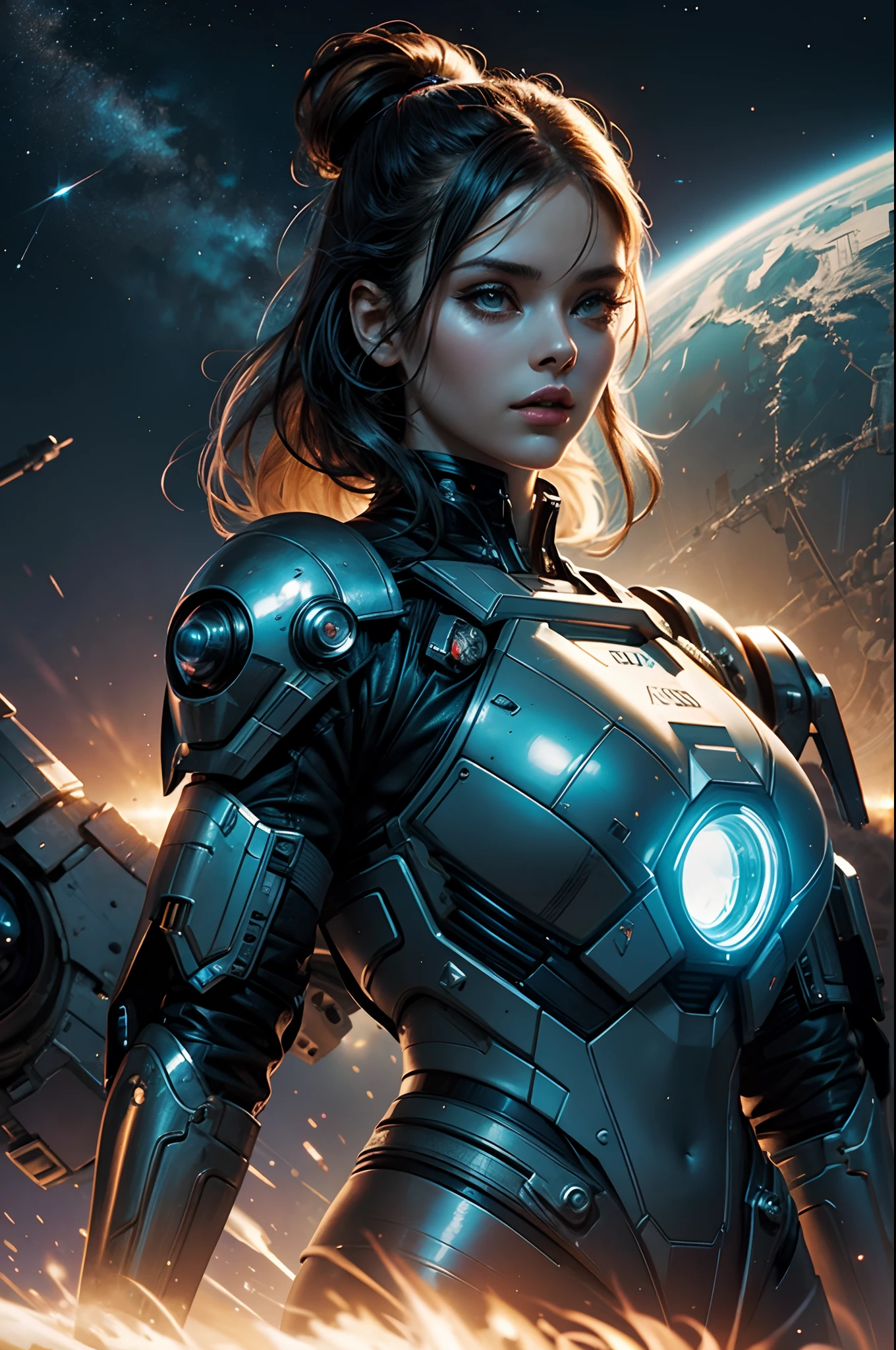 (Masterpiece:1.2), best quality, (illustration:1.2), (ultra-detailed), hyper details, (delicate detailed), (intricate details), clear line, high contrast, colorful, (Photoshop Pastel Painting), (Cinematic masterpiece), <lora:add_detail:1>, <lora:sharpen-soften:-0.25>, <lora:kittew_v0.1:0.3>,
1 girl, adult (elven:0.7) woman, hazel eyes, dark brown hair flaps,
cyborg portrait, (bloody scars:0.7), looking at viewer, solo, upper body, detailed background, close up, detailed face, (<lora:Atompunk v.3:0.6>, atompunk theme:1.1), futuristic glowing steel armor, high-tech, microchips, robotics, cybernetic enhancements, epic starry outer space in background, flashes of light, sparks, electricity, explosions, cinematic atmosphere,
