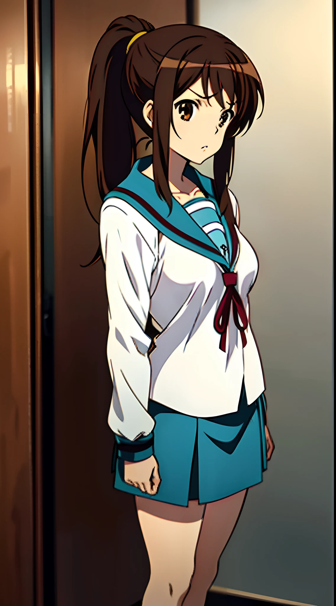 kyoani style, anime style, standing girl, 1 girl, solo, 1 schoolgirl, full body, (front view:1.2), brown hair, ponytail hairstyle, scornful eyes, brown eyes, [neutral face], (flat breasts:1.3), [suzumiya haruhi], sailor uniform