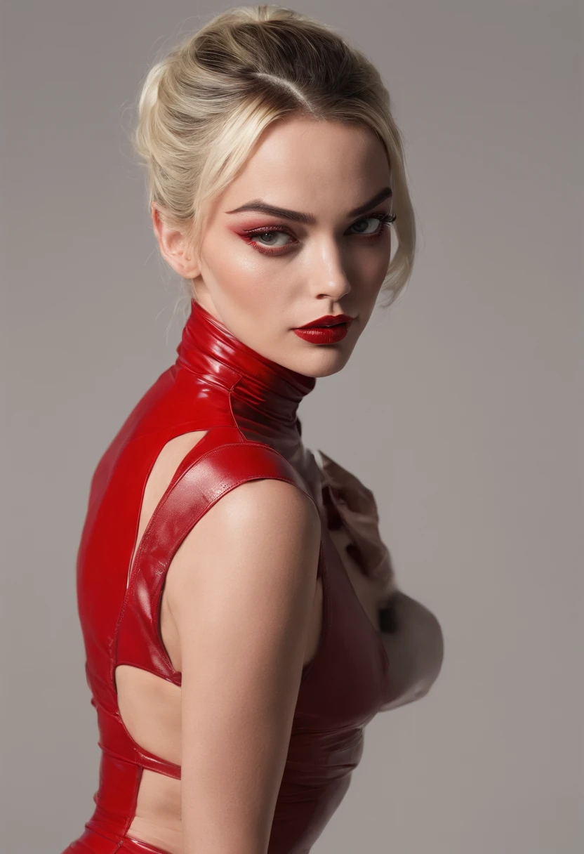 margot robbie vampirella, black center part bangs updo hairstyle, wearing red comic-book high-waisted swimsuit cameltoe costume, seductive sultry pose on black latex loveseat, high fashion editorial mixed light photography for high end perfume advertisement. high end high fashion editorial advertising photography