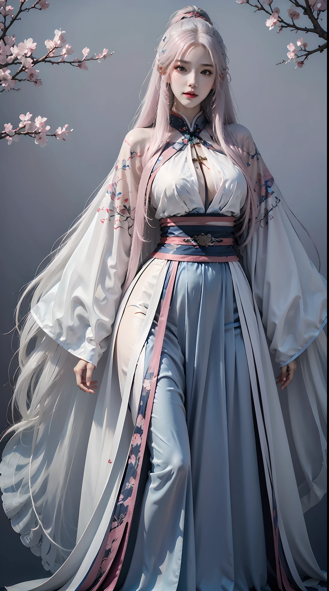 photorealistic, high resolution, 1women, shining skin, solo, hips up, tattoo, jewelry, pink lips, long white hair, blue eyes, closed mouth, hanfu