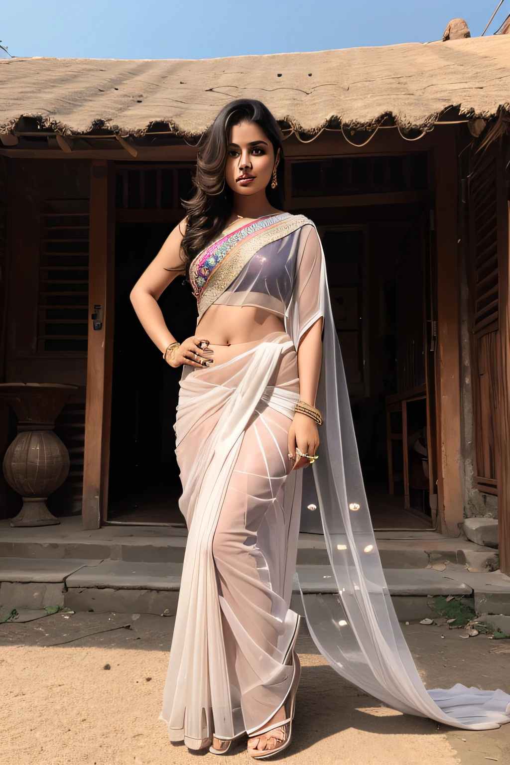 Village girl wearing transparent saree, full-length shot