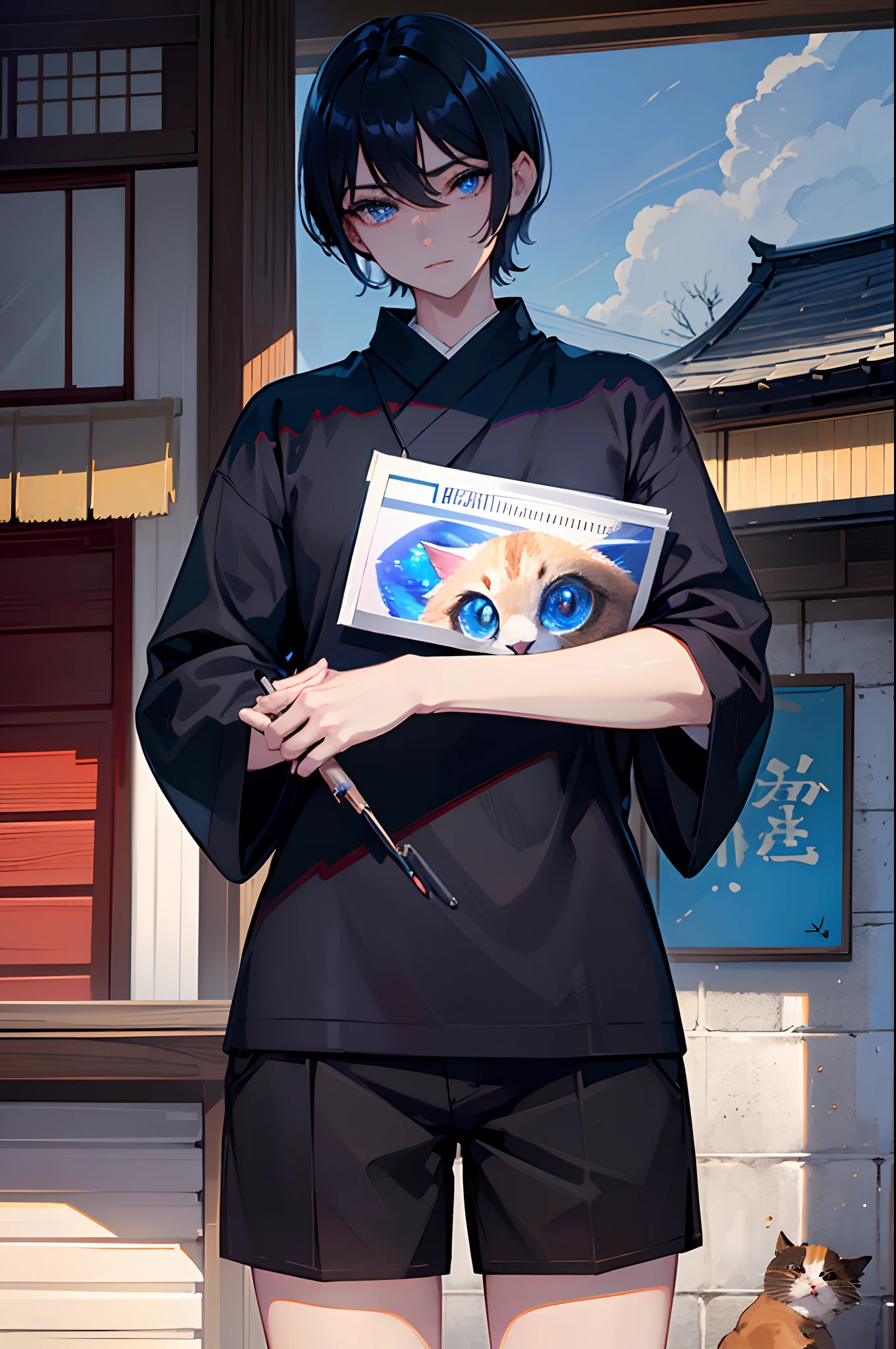 Black short hair blue eyess male people (ember) Sweaters Wearing brown slacks Holding a cat Very short hair Japanese houses masterpiece Top image quality Clear Parts Cinematic Shadows Increased attractiveness of the eyes Clear the shine of the eyes Draw eyelashes neatly Perfect Eye A detailed eye Sharpen image quality Sharpen eye writing Clear eye shape