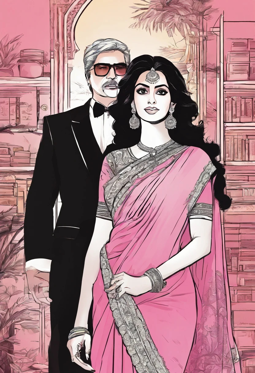 (comic illustration:1.3), Beautiful Indian actress sridevi kapoor wearing a provocative pink saree poses with a man in black suit at his office cabin