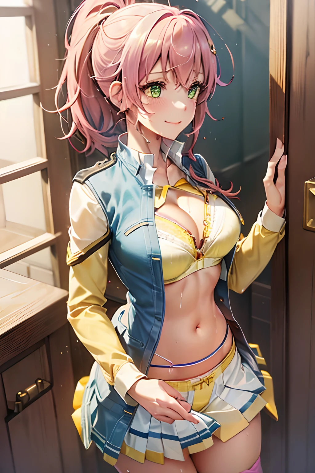 Juna Crawford, poneyTail, Green eyes, Big breasts,A pink-haired, ((((Wet and yellow underwear shows through)))), (((((White shirt))))), ((((a blue skirt)))), knee boots, ((((Yellow bra)))), ((Yellow panties)), A smile, embarrassed from, Adults, dress room, tucking up the skirt, Sheer panties