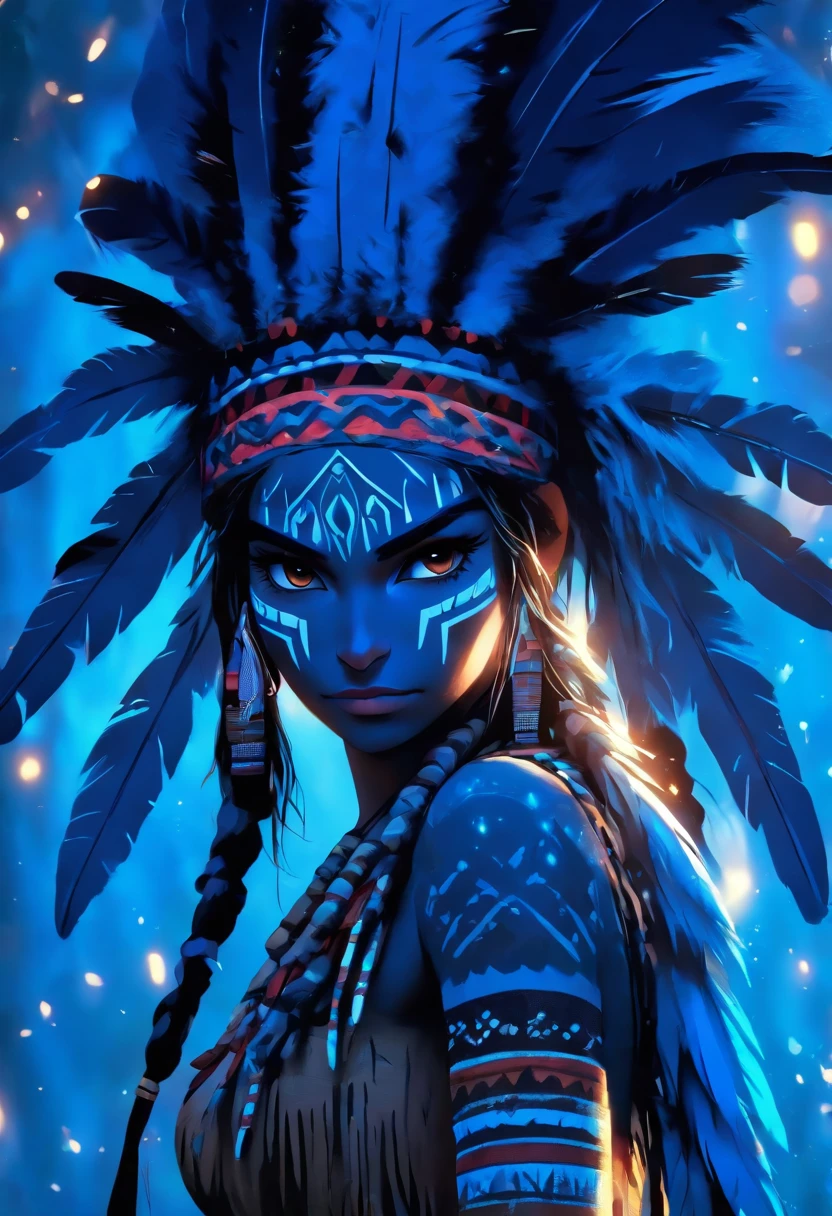 (((Blue Feathered Indigenous Woman))) Best quality, very high resolution, Detailed 4K CGI, Masterpiece, femme, Pluie, Plumes bleues, Amazonia, Brazil, Peuples autochtones, Indigenous Tribes, Indigenous Town, woods, aesthetics, belle image , Screen-centric, corps entier