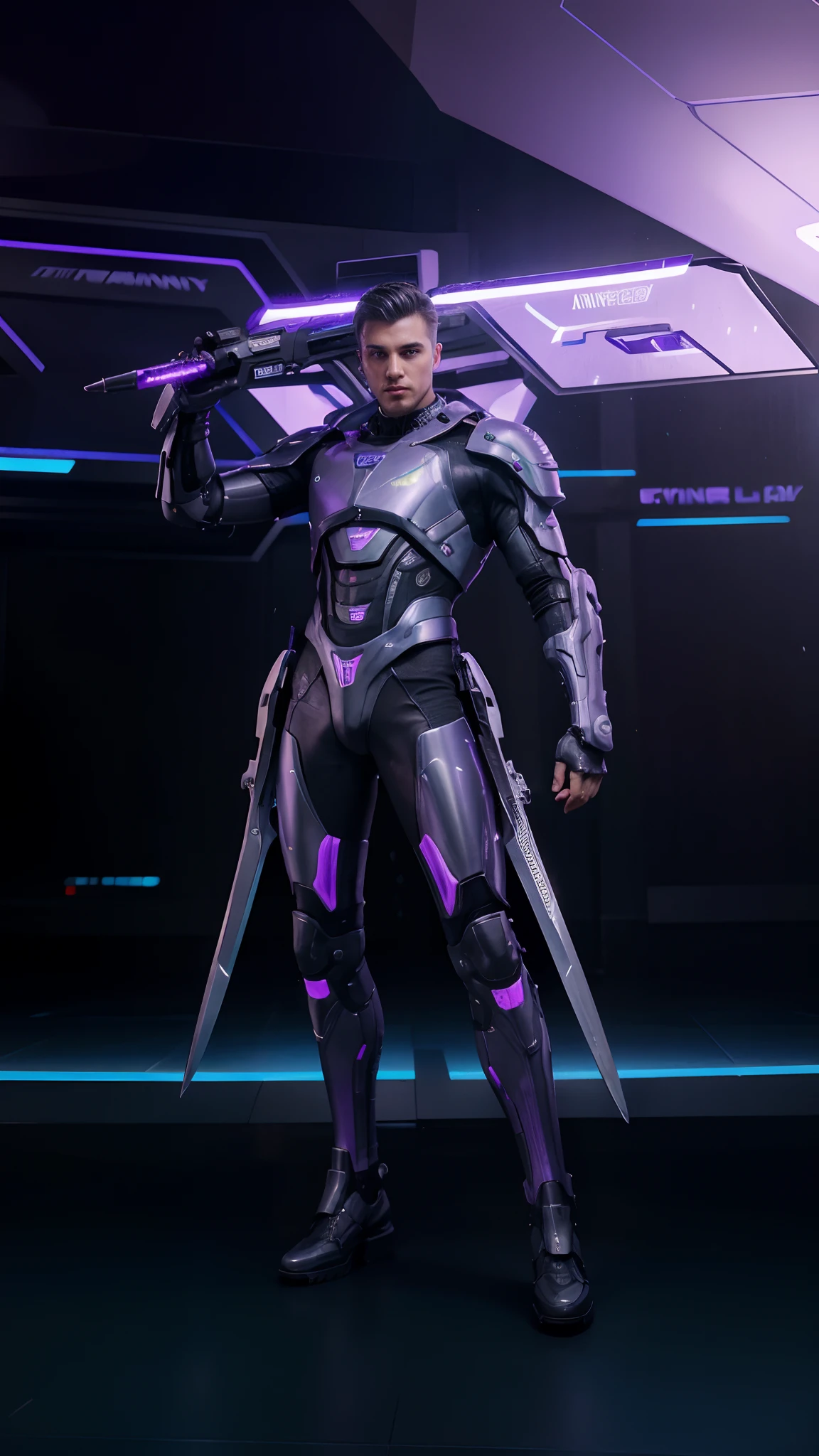 Amazing guy, handsome guy, wearing futuristic suit, cyberpunk, holding big sword, purple LED light on suit, cyberpunk theme, Futuristic, Titanium, young guy, Amazing, best quality, masterpiece, realistic, 8k resolution