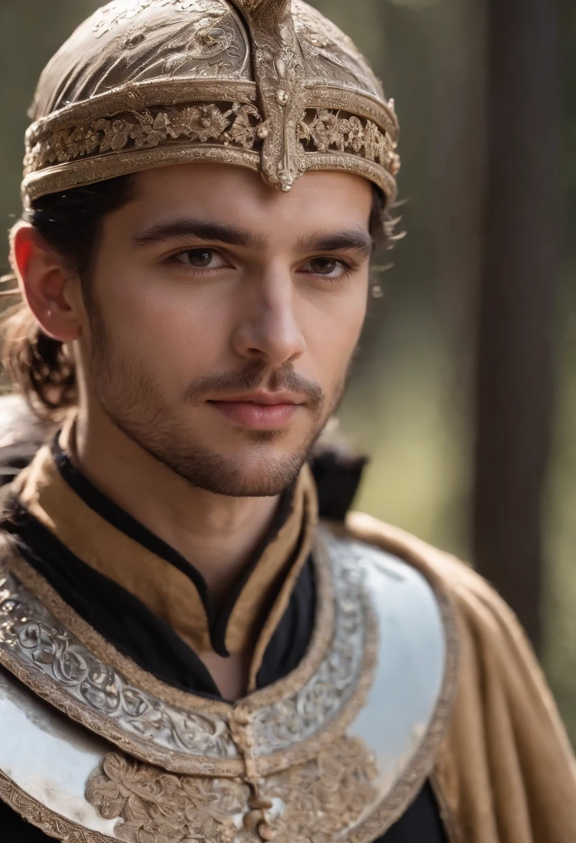 (((Natural light shines through its metallic iron shade))) tez justa, homem em torno de 23 anos, cabelos pretos naturais, olhos castanhos distintos, steel mesh, serio, luz sobre as folhas das arvores da floresta em um ambiente medieval ao ar livre, Ultra sharp focus, tiro realista, roupas masculinas medievais, Mask similar to a shiny metallic iron face, cores tetradicas (cicatriz:1.4)