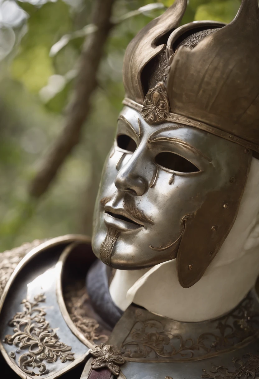 (((Natural light shines through its metallic iron shade))) tez justa, homem em torno de 23 anos, cabelos pretos naturais, olhos castanhos distintos, steel mesh, serio, luz sobre as folhas das arvores da floresta em um ambiente medieval ao ar livre, Ultra sharp focus, tiro realista, roupas masculinas medievais, Mask similar to a shiny metallic iron face, cores tetradicas (cicatriz:1.4)