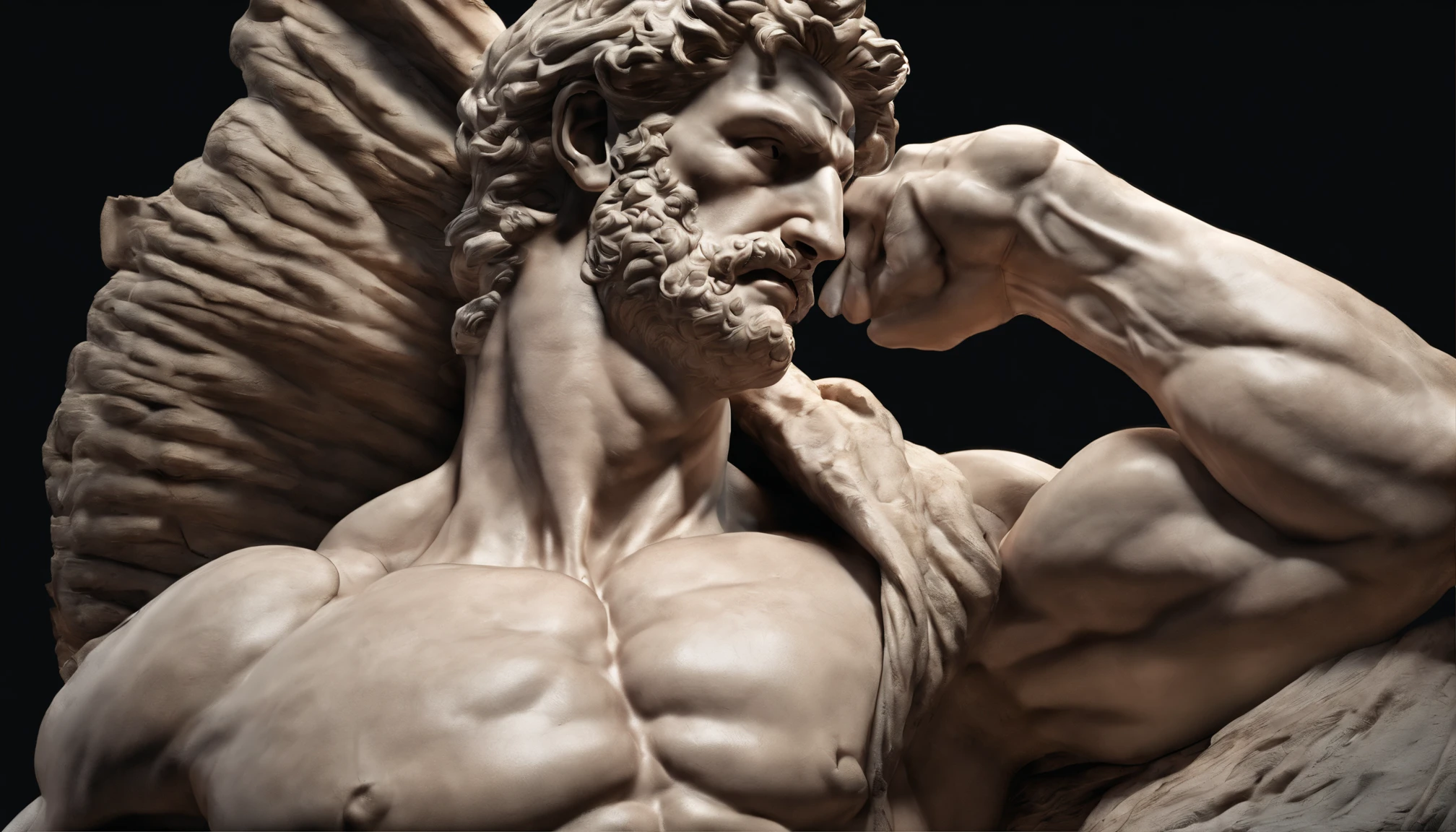 Stoic Greek statue with very muscular body in profile, strong arms, HERCULES STYLE, cinemactic, 8k, dark background GREECE