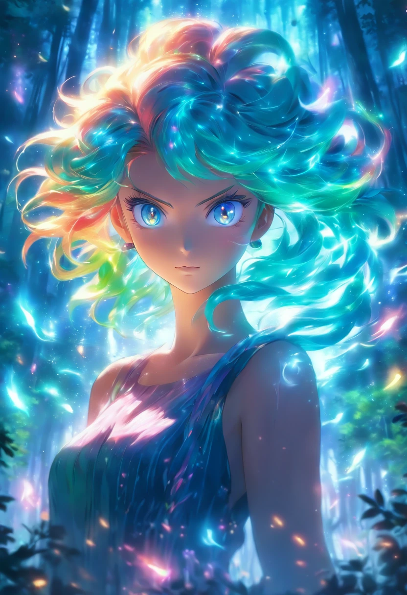 (best quality,4k,8k,highres,masterpiece:1.2),ultra-detailed,(realistic,photorealistic,photo-realistic:1.37),female with glowing teal eyes,rainbow colored hair,casting glowing spells,mystical forest,illustration,enchanted atmosphere,vibrant colors,soft lighting