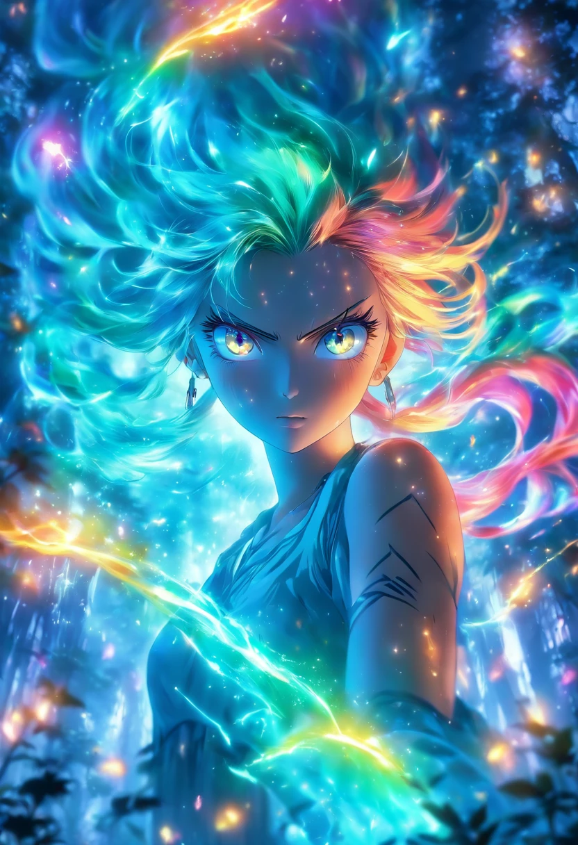 (best quality,4k,8k,highres,masterpiece:1.2),ultra-detailed,(realistic,photorealistic,photo-realistic:1.37),female with glowing teal eyes,rainbow colored hair,casting glowing spells,mystical forest,illustration,enchanted atmosphere,vibrant colors,soft lighting