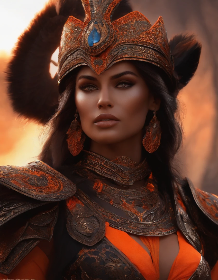 Warrior, dark eyes, shoulder up, neon orange, dark,