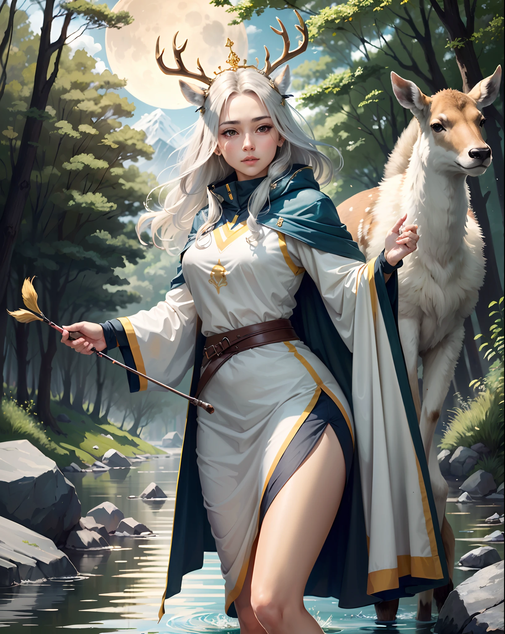 silly, highs quality, A highly detailed, 巨作, Zodiac Sign Cancer , Greek mythology, Artemis, Goddess of Hunt, Moon,  Young woman and athlete, In the company of wild animals and carrying a bow and arrows. Wear a short fishing jacket or flowing dress suitable for outdoor activities. A quiver full of arrows tied to her back. Silver bow, Deer and other forest creatures. Wearing a crown or garland of bay leaf, Young and brilliant, With a firm and focused expression. Artemis embodies traits such as independence, strength, and purity. A powerful and independent goddess, Embodying the spirit of hunting, Moon, and the natural world. Their appearance reflects their affinity with nature, Her hunting skill, and its role as a wildlife keeper , the whole body , 独奏 , beatiful eyes