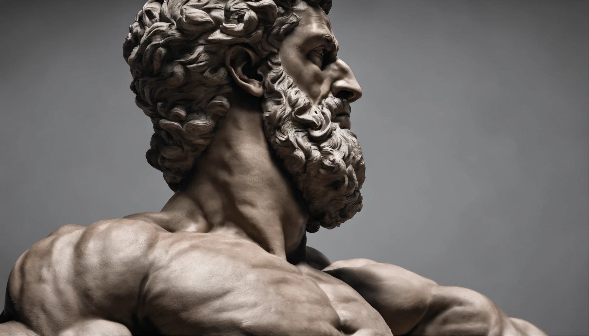 Stoic Greek statue with very muscular body in profile, strong arms, HERCULES STYLE, cinemactic, 8k, dark background GREECE