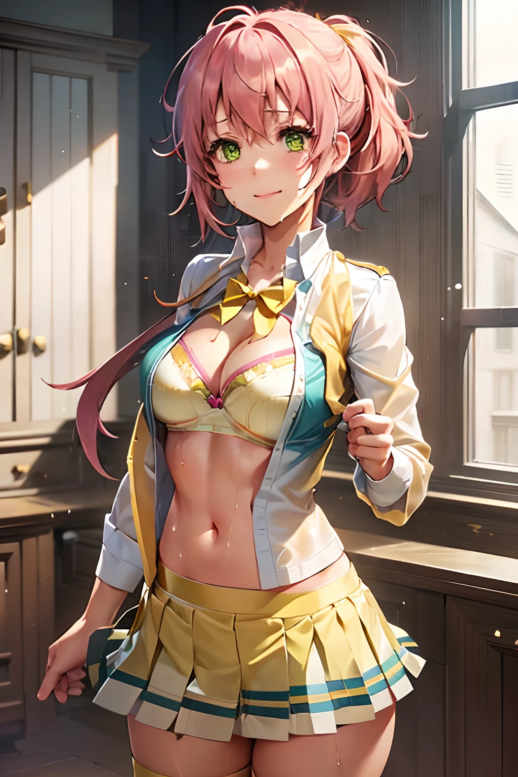 Juna Crawford, poneyTail, Green eyes, Big breasts,A pink-haired, ((((Wet and yellow underwear shows through)))), (((((White shirt))))), ((((a blue skirt)))), knee boots, ((((Yellow bra)))), ((Yellow panties)), A smile, embarrassed from, Adults, dress room, Take off your jacket, tucking up the skirt, Sheer panties