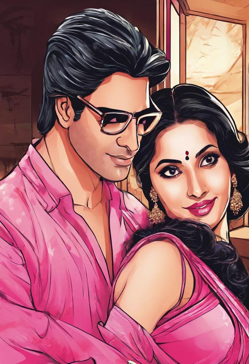 (comic illustration:1.3), Renowned Indian actress sridevi kapoor at the age of 40 wearing a provocative pink saree smooching with a man in black suit at his office cabin