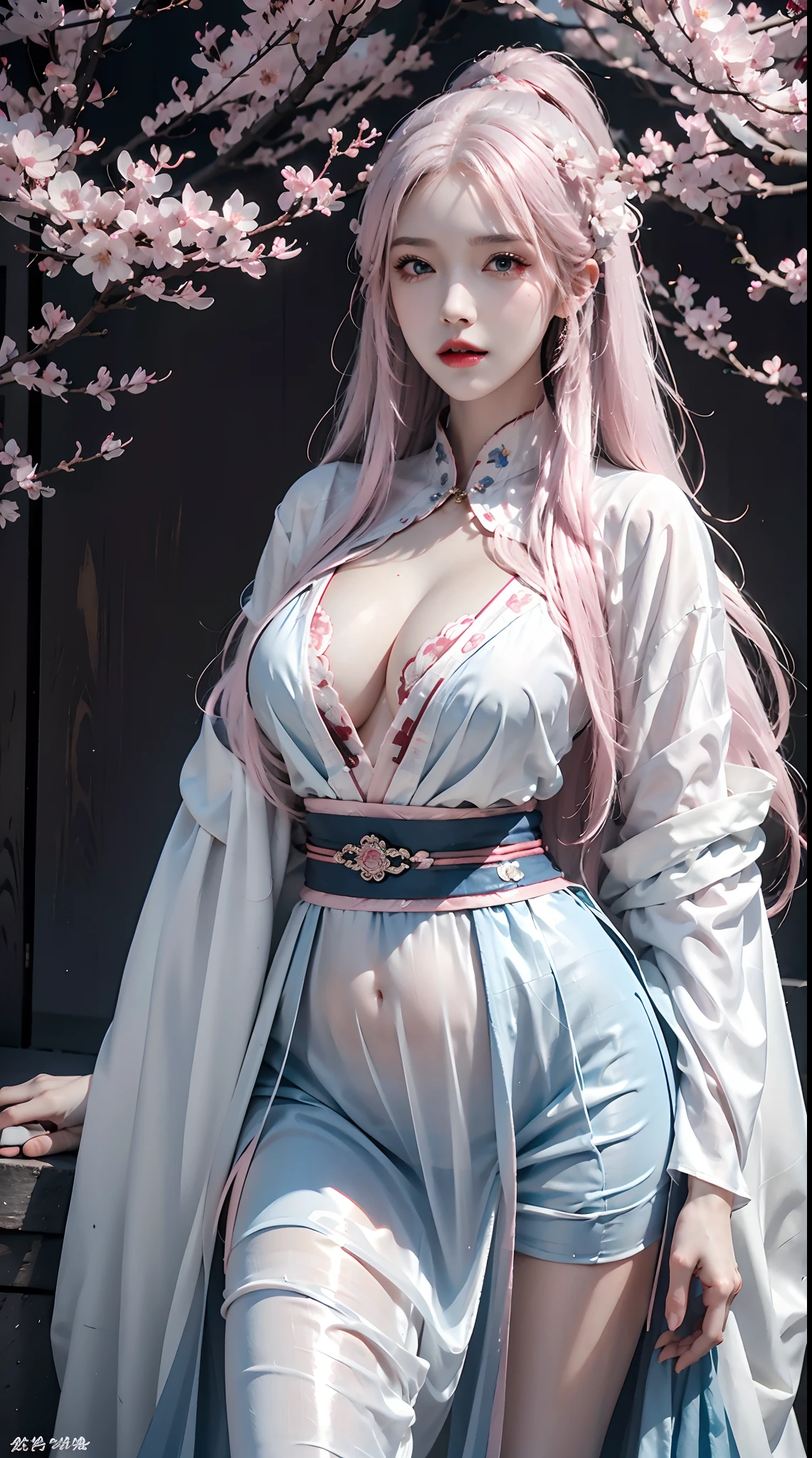 photorealistic, high resolution, 1women, shining skin, solo, hips up, tattoo, jewelry, pink lips, long white hair, blue eyes, closed mouth, hanfu, cherry blossoms