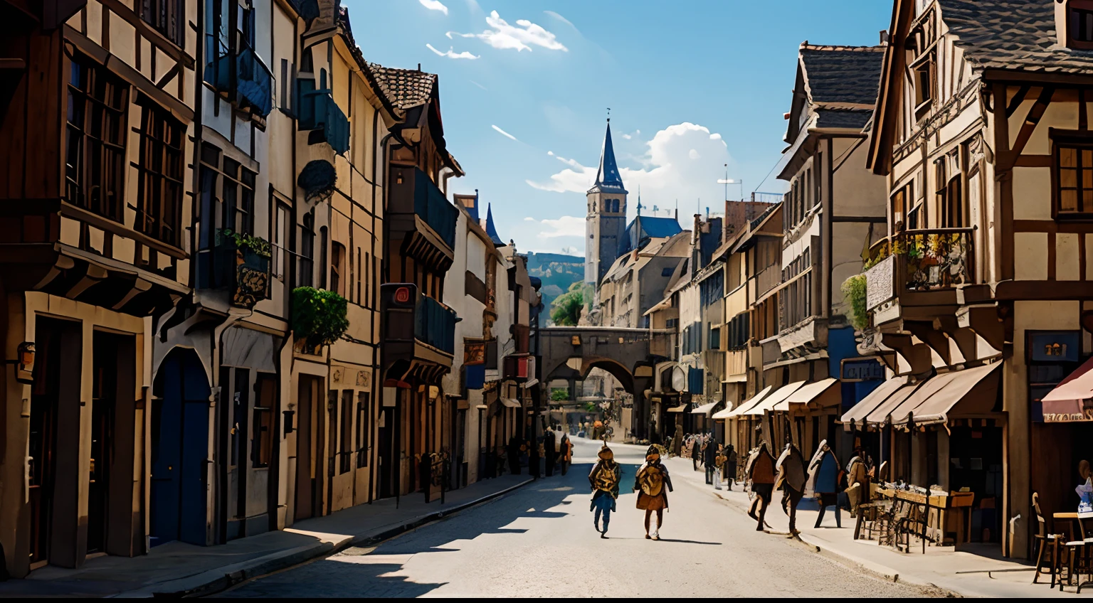 A medieval village in the style of Anton Pieck, with cobblestone streets and Medieval naked women pushing carts with goods. Detailed