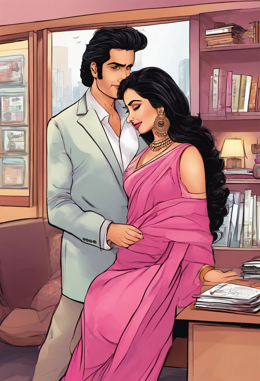 (comic illustration:1.3), Renowned Indian actress sridevi kapoor at the age of 40 wearing a provocative pink saree smooching with a man in black suit at his office cabin,(full body image),(navel visible),(cleavage)
