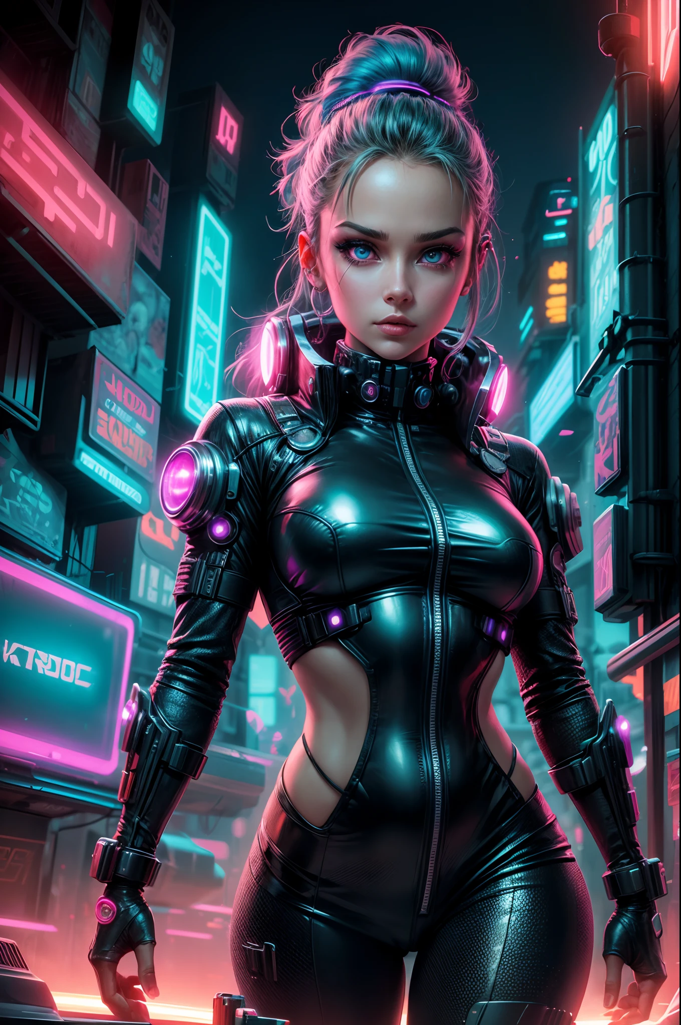 Virtual image,realistic 16k,hips up,best quality,Masterpiece,Maximum details,complete composition,Excellent anatomy,Displaying a beautiful and elegant posture,Natural light that is comfortable on the eyes,A bright aura hits the face.,Young woman with long, flowing white hair,alone,Staring at me.,smile at the corner of the mouth,glowing cyberpunk,bright neon light,A headset that glows brightly,Machinery with bright neon lights glowing,(Very bright)((red and white cyberpunk,gold,Metallic,))pink glowing mecha,purple,science fiction,future world,Exaggerated,realistic 16k,Late morning in a city