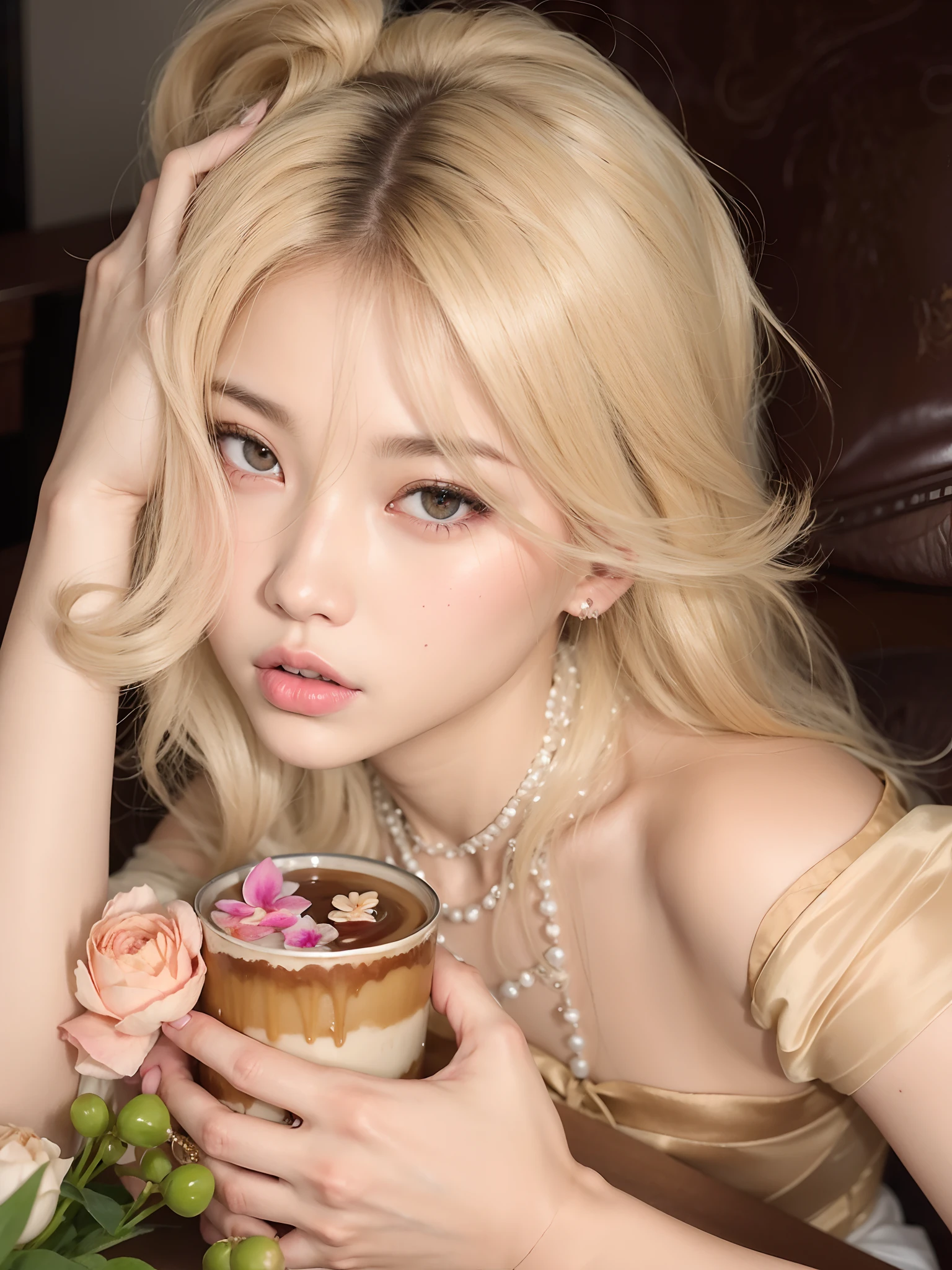 Blonde woman with a cake and flowers in her hand, Shikami, Parque Roseanne do Blackpink, O corte Hime, Directed by: Ayami Kojima, her face looks like an orchid, Lalisa Manobal, Jinyoung Canela, Ulzzang, Retrato de Jossi de Blackpink, branco hime corte penteado, pale fair skin!!, linda Delphine