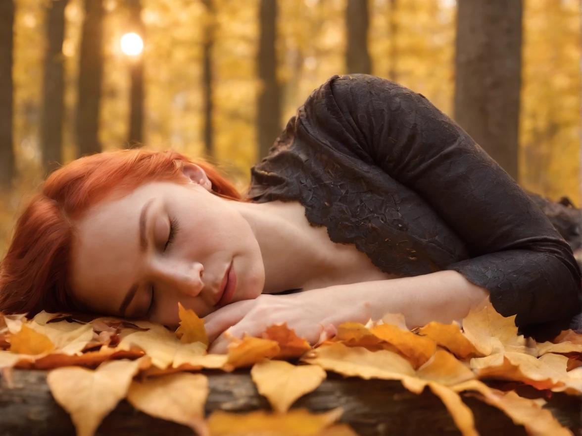 Sleeping (autumn) Dragon in a beautiful autumn (woods), bitch red-haired fink (knight), Sleeping happily on the belly of a dragon, nightfall, (falling leaves), Calm, A peaceful, Detailed, hiquality, High Resolution, 8K, (Unreal engine), filmstill, high saturation