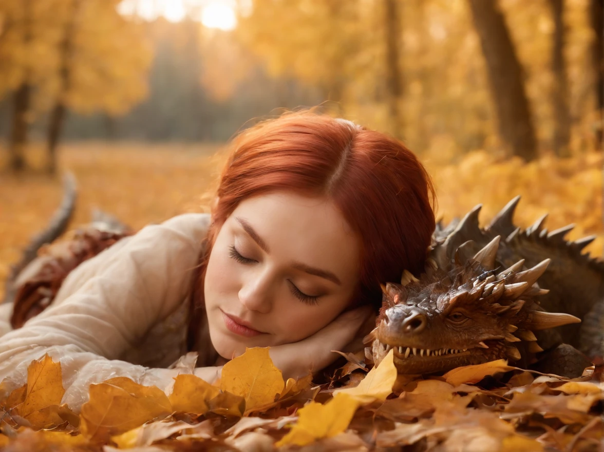 Sleeping (autumn) Dragon in a beautiful autumn (woods), bitch red-haired fink (knight), Sleeping happily on the belly of a dragon, nightfall, (falling leaves), Calm, A peaceful, Detailed, hiquality, High Resolution, 8K, (Unreal engine), filmstill, high saturation