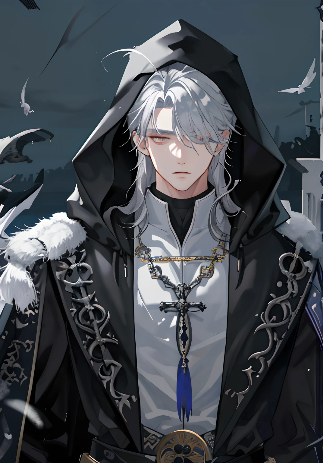 Wear a hood to cover your eyes,unholy,24 years of age, lean full muscles, Upper body only, waist up only, Silvery-white mullet head,Black snake,cold environment,A sense of mystery, Black robes,Cloth robes,Muscular, Tight body, Tight muscles, hyper colorful,mtu,Heteropupil