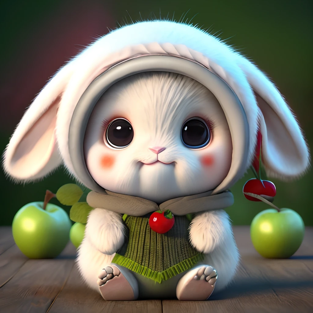 : 3. Rabbit, realistic, hairy, dressed beast, apple, dark circles, blush, cherry, food, fruit, whole body, hat, non-human, strawberry, tomato, watermelon